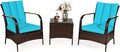 COSTWAY 3 Pieces Patio Rattan Furniture Set, Outdoor Conversation Chair Set with Coffee Table & 2 Cushions for Backyard, Porch, Poolside, Lawn, Garden, Turquoise