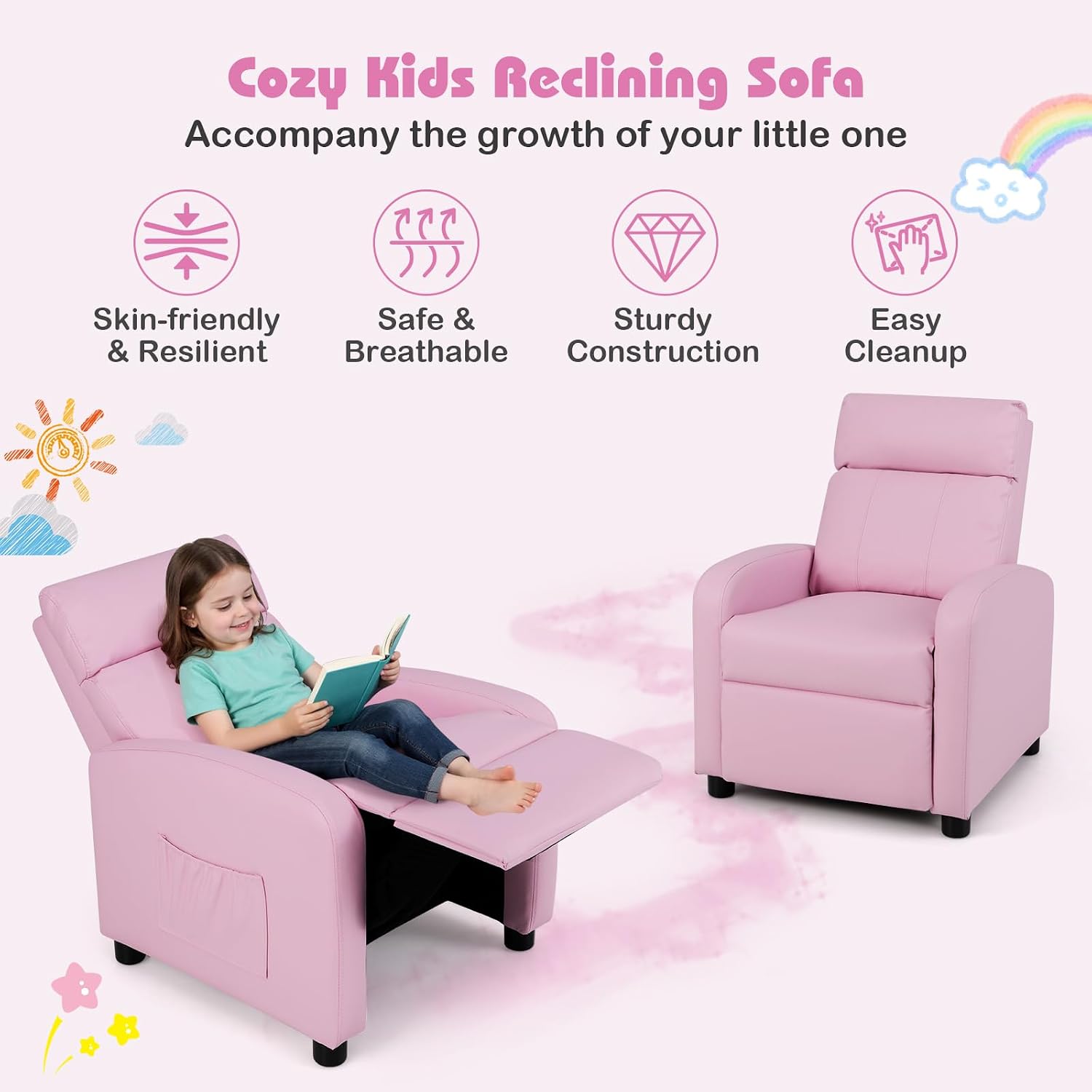 Costzon Kids Recliner, Adjustable PU Leather Lounge Chair w/Side Pockets, Footrest, Headrest for Kids Room&Play Room, Easy to Clean, Padded Pink Recliner Sofa for Children Boys Girls Aged 3-12 (Pink)
