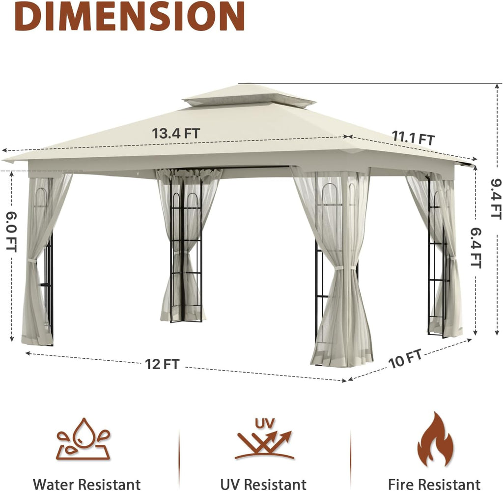 EAGLE PEAK Patio Gazebo with Mesh Netting 13x11 at Top 12x10 Footprint, Soft Top Outdoor Pavilion for Backyard, Deck, Lawn and Garden, Beige