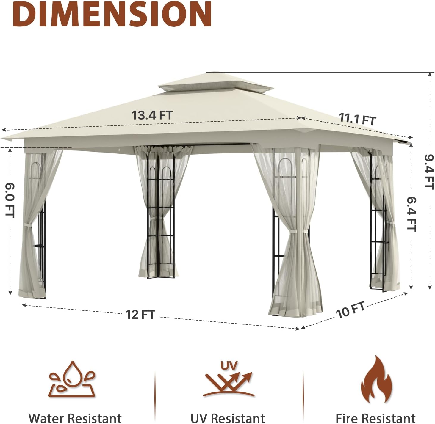 EAGLE PEAK Patio Gazebo with Mesh Netting 13x11 at Top 12x10 Footprint, Soft Top Outdoor Pavilion for Backyard, Deck, Lawn and Garden, Beige