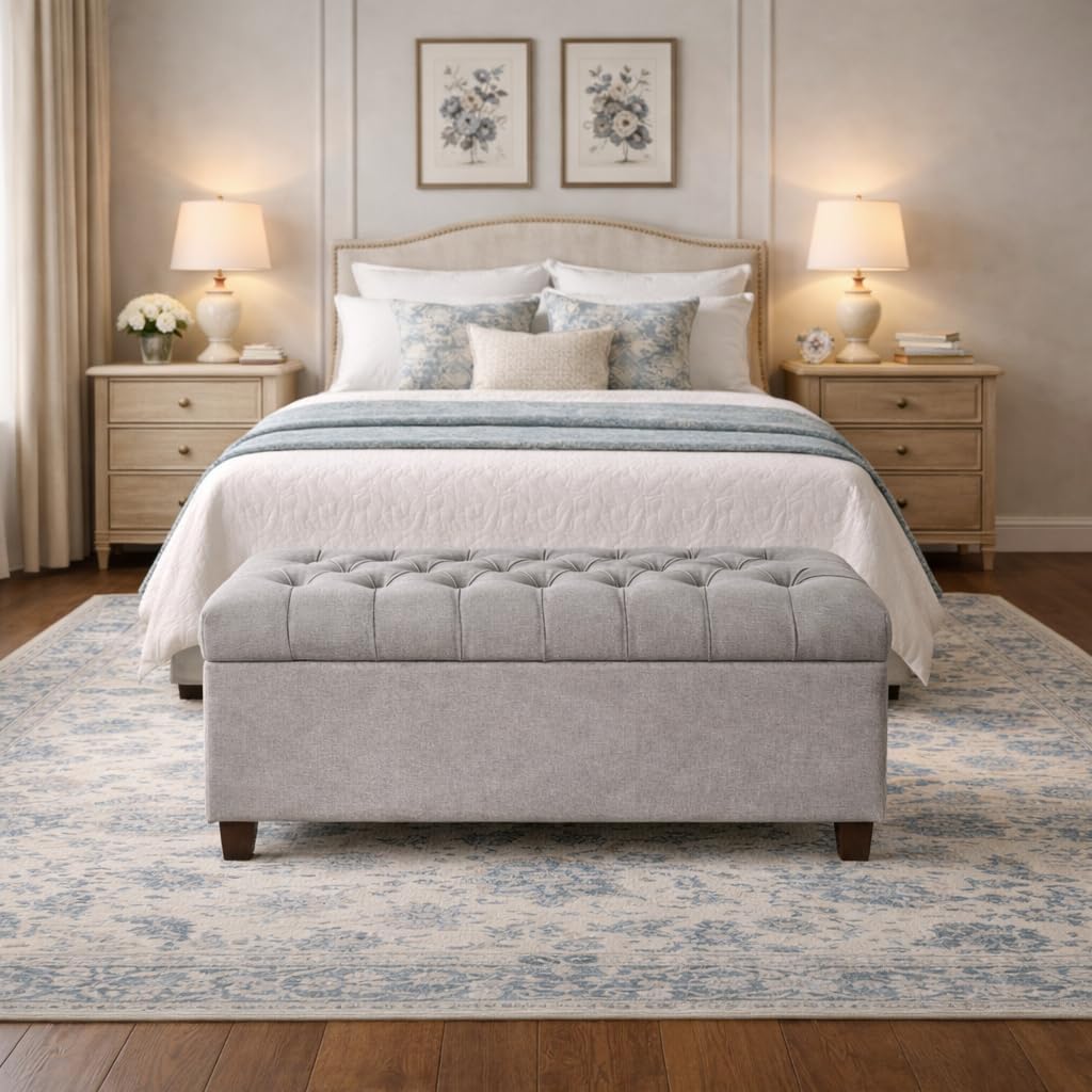 Homepop Home Decor | Tufted Ainsley Button Storage Ottoman Bench with Hinged Lid | Ottoman Bench with Storage for Living Room & Bedroom, Grey