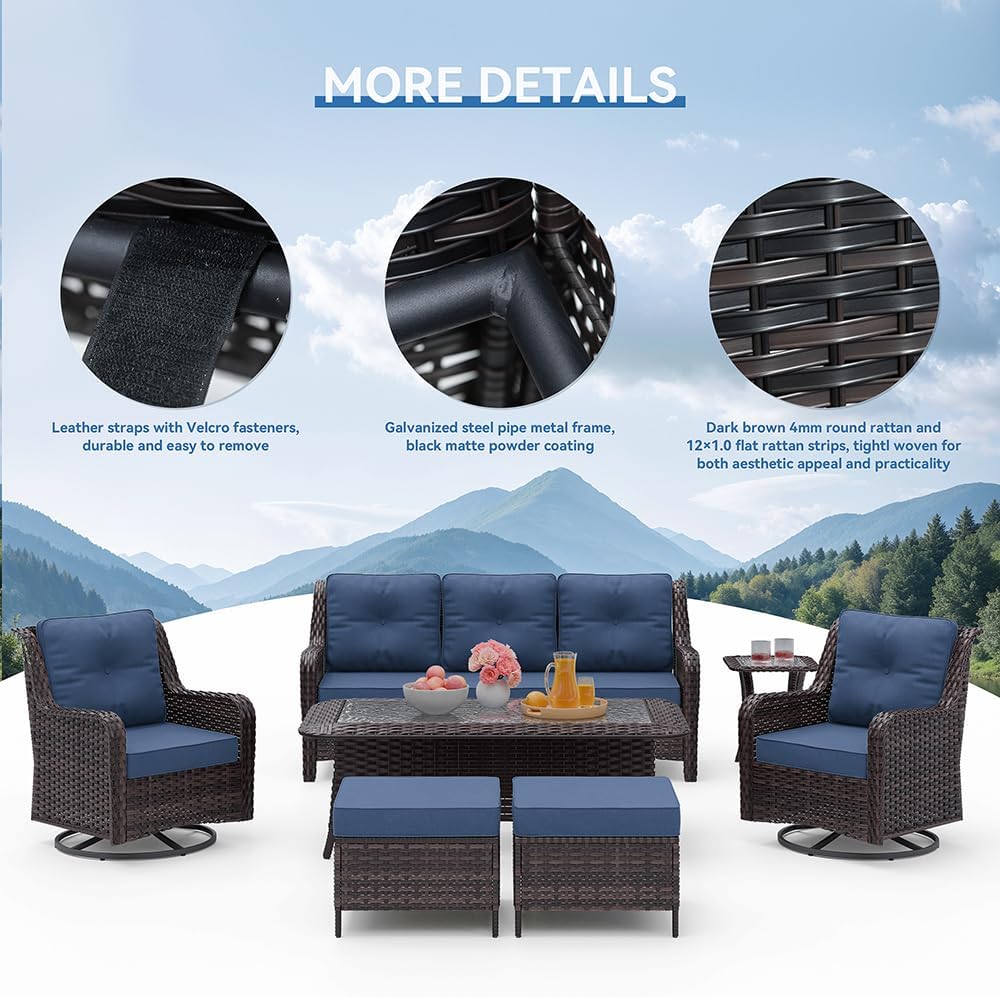 Kurapika 7-Piece Patio Furniture Set, Wicker Thick-Backed Outdoor Swivel Rocking Chair, Includes Coffee Table and Thick Cushions, Conversation Set for Porch,Patio, Navy Blue
