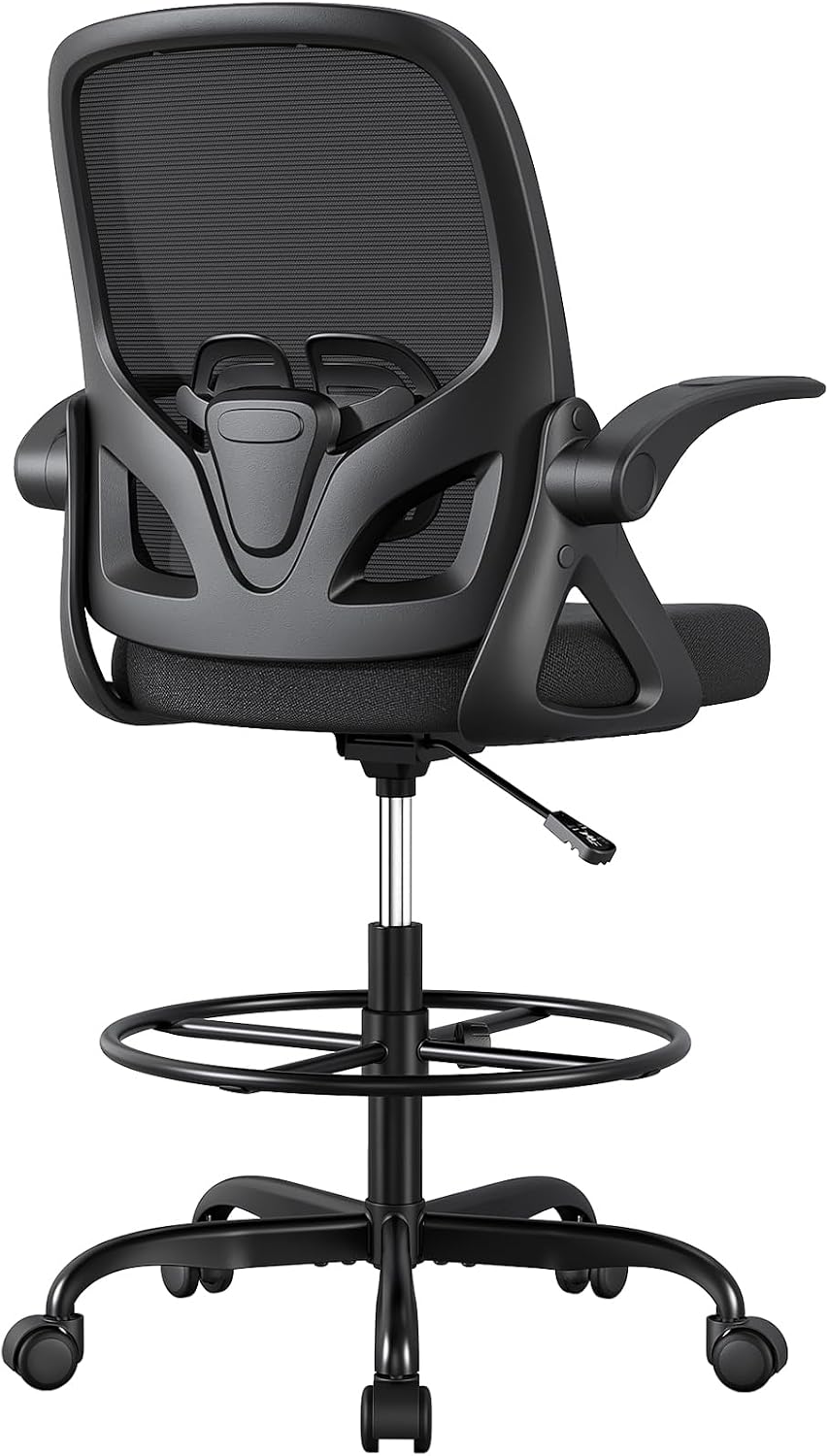 ORRSAKER Drafting Chair Tall Office Chair for Standing Desk, Breathable Mesh Ergonomic Computer Desk Chair with Flip-Up Armrests, Adjustable Lumbar Support and Footrest Ring,300 LBS，Black