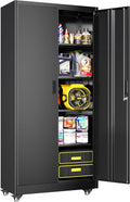 Greenvelly 73' Metal Storage Cabinet with Wheels, Black Garage Storage Cabinet with 4 Adjustable Shelves and Locking Doors, Garage Rolling Storage Cabinet for Warehouse, Garage, Home Office, School