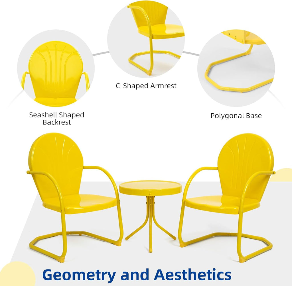 Patio Bistro Set Retro Metal Outdoor Seating Set Conversation Set 3 Pieces, 2 C-Spring Motion Armchairs and Round Side Table, for Porch, Lawn, Garden（Yellow）