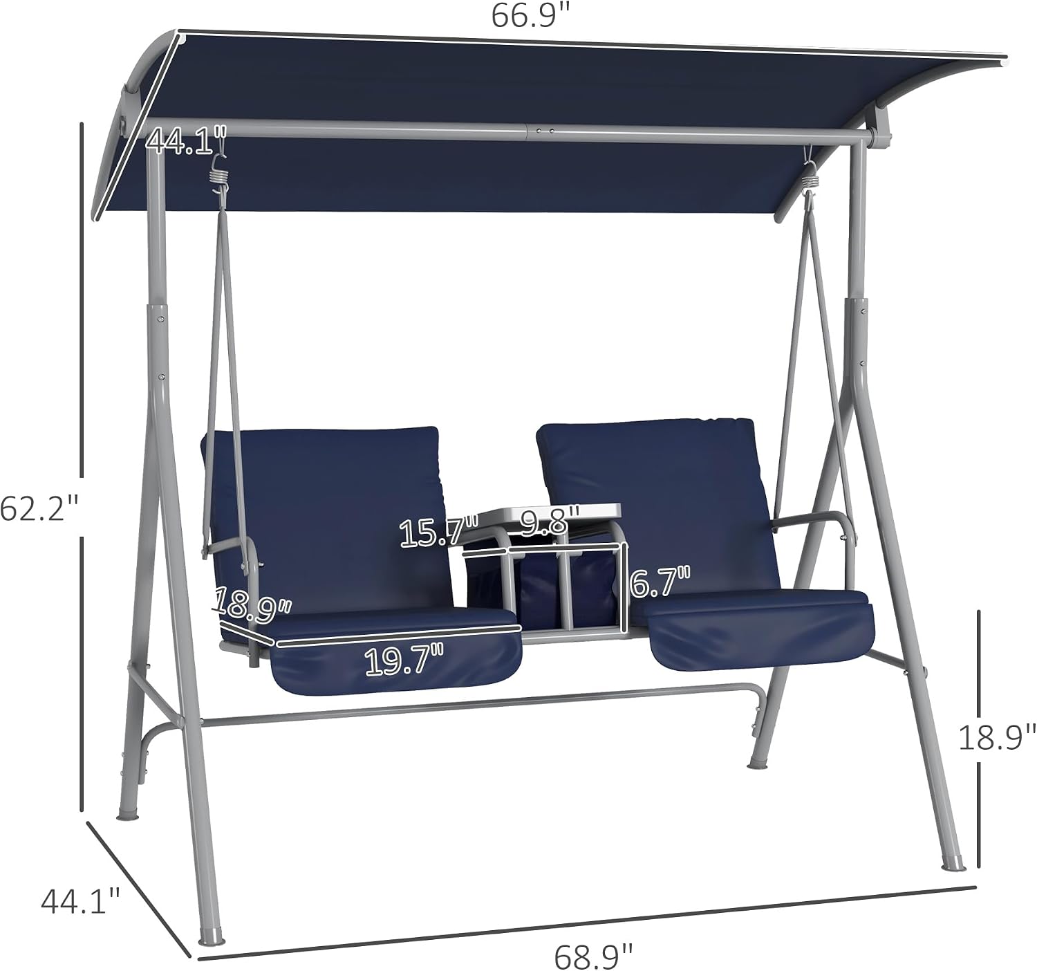 Outsunny 2 Person Porch Swing with Stand, Outdoor Swing with Canopy, Pivot Storage Table, 2 Cup Holders, Cushions for Patio, Backyard, Dark Blue