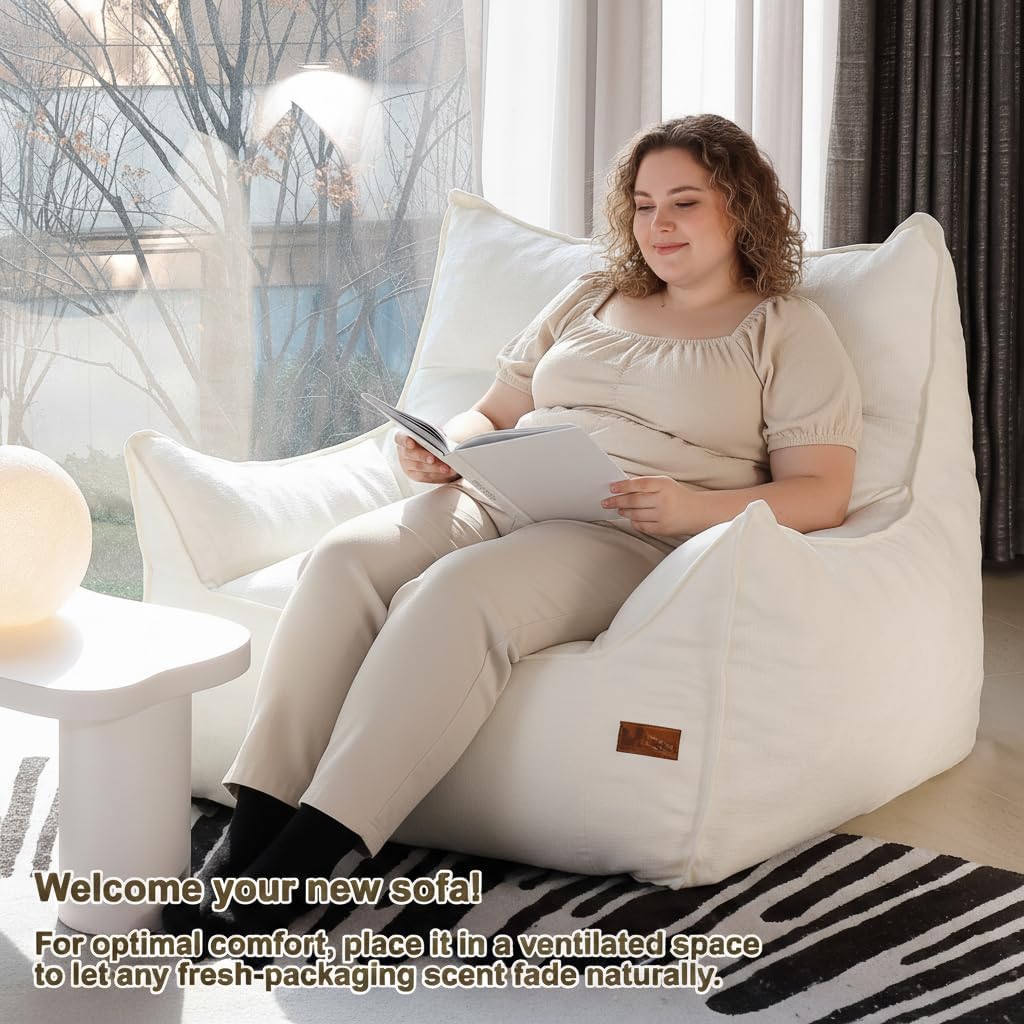 Oversized Fluffy Bean Bag Chair for Adults – Giant Cozy Bean Bag Sofa Chair with Armrests, Handle & Non-Slip Base for Your Reading Nook, Bedroom or Living Room(White-XL)