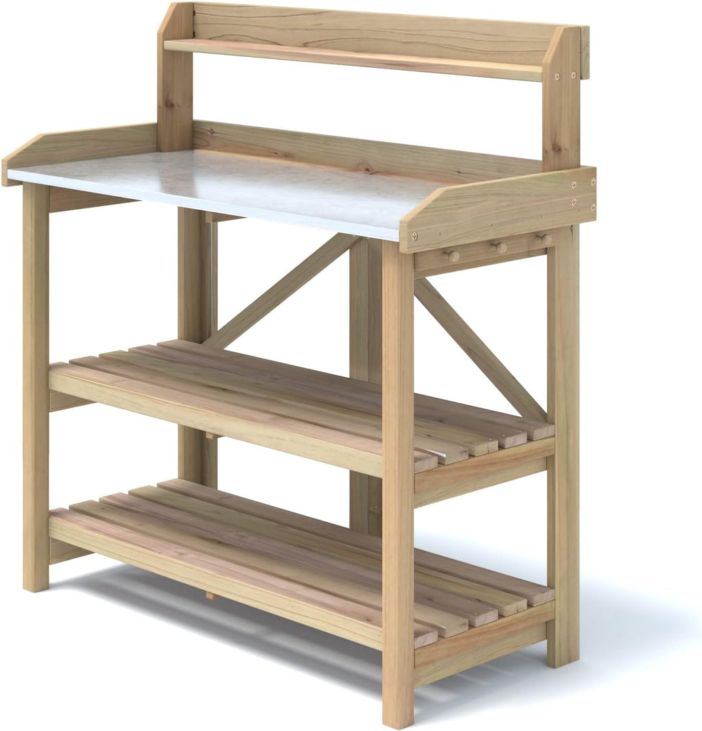 Giantex Garden Potting Bench, Galvanized Steel Top, 6 Hooks, 2 Tier Storage Shelves, Wood Workstation for Indoor Outdoor Gardening Planting Garage Tools, Potted Plant, Worktable 41.5'x19.5'x48'