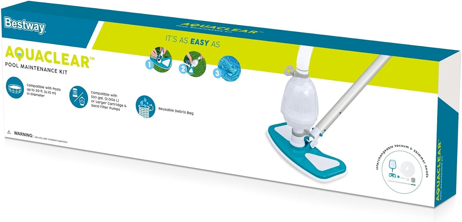 Bestway Basic Pool Cleaning Kit, Includes Pool Vacuum, Skimmer Net, 9' Pole, & Hose, Compatible W/Most Above Ground Pools, Blue