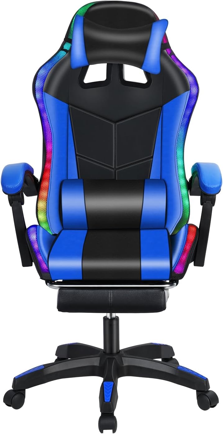 Talent Star Gaming Chair with Bluetooth-Compatible Speakers and RGB LED Lights, Ergonomic Massage Computer Chair with Height Adjustable, Video Game Chair High Back with Lumbar Support Black Blue
