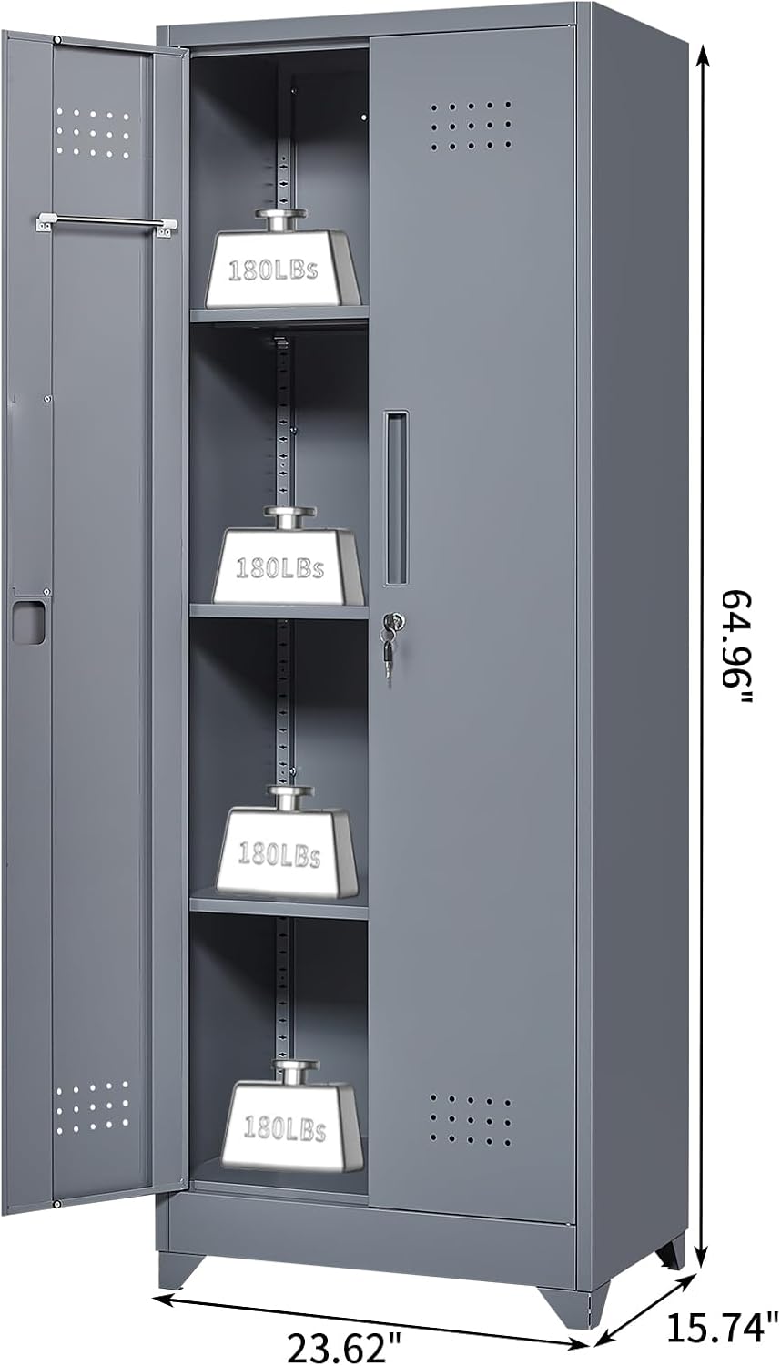 Broom Closet Storage Cabinet, Steel Locking Cabinet with Hanging Rod, 65' Cleaning Storage with Doors and Hooks, Tall Broom Tool Cabinets for Office, Garage