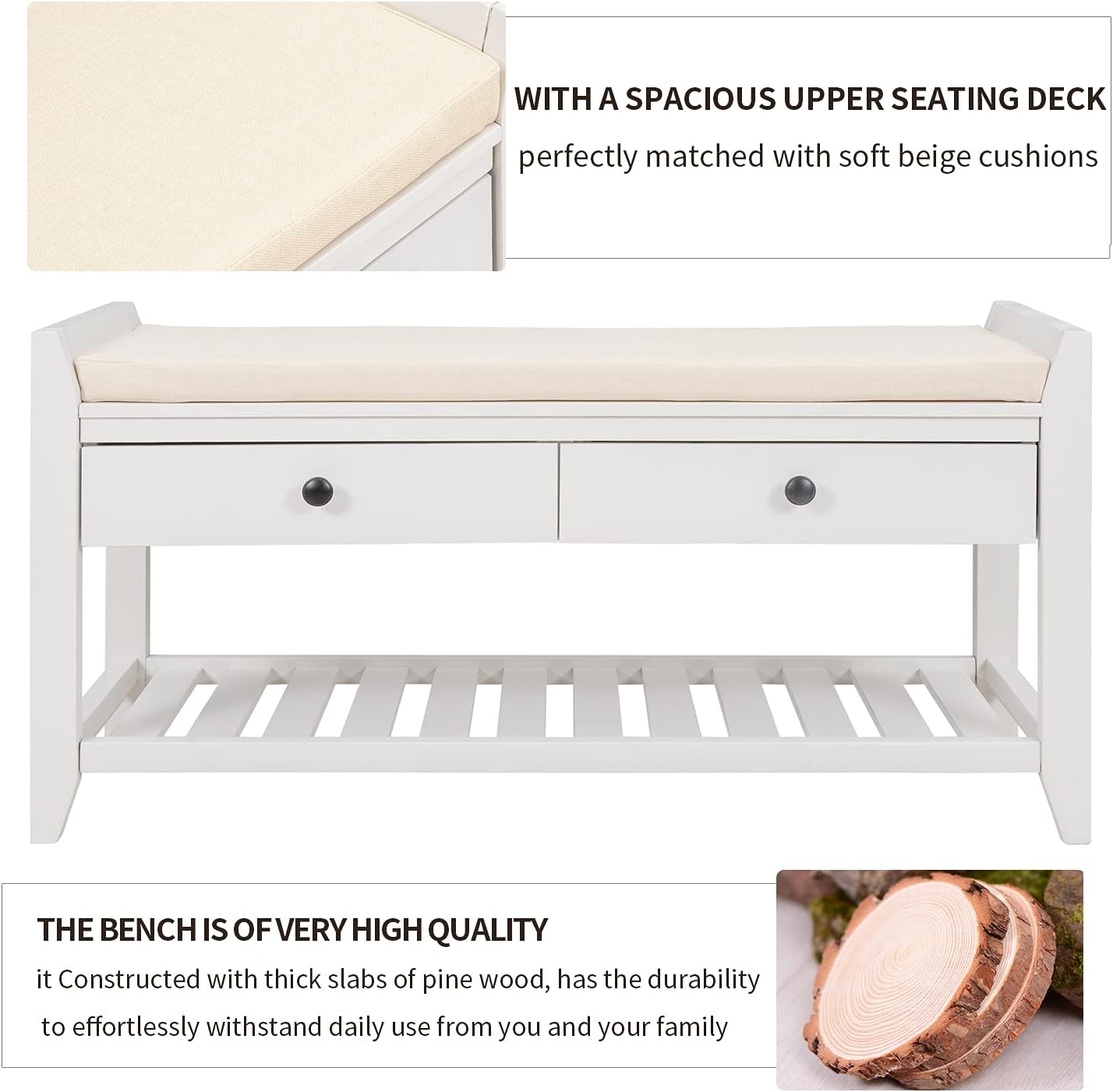 Harper & Bright Designs TREXM Shoe Rack with Cushioned Seat and Drawers, Multipurpose Entryway Storage Bench (White)