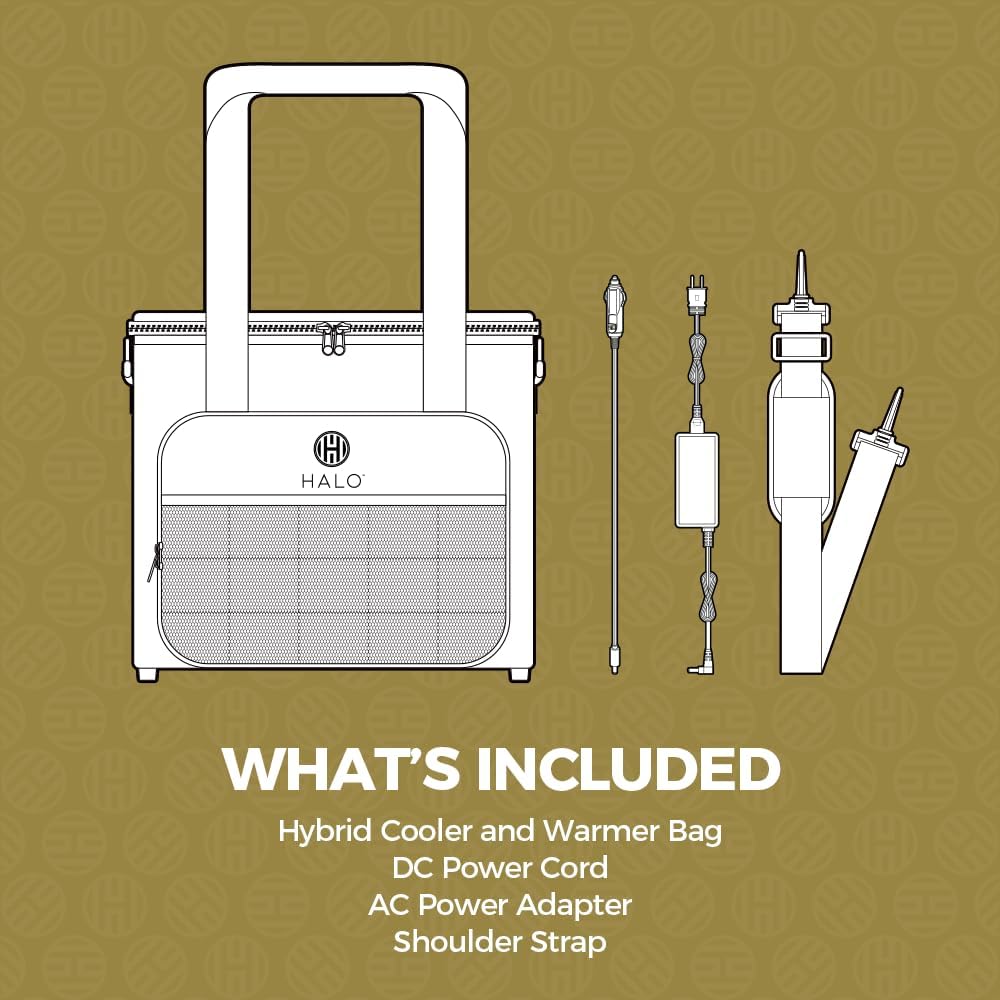Halo 28L Hybrid Cooler & Warmer Bag | Electric Travel Cooler, Collapsible for Easy Storage, Keep Drinks Cold & Food Warm, Ice Free Cooling, Includes Shoulder Strap, DC Power Cord & AC Adapter