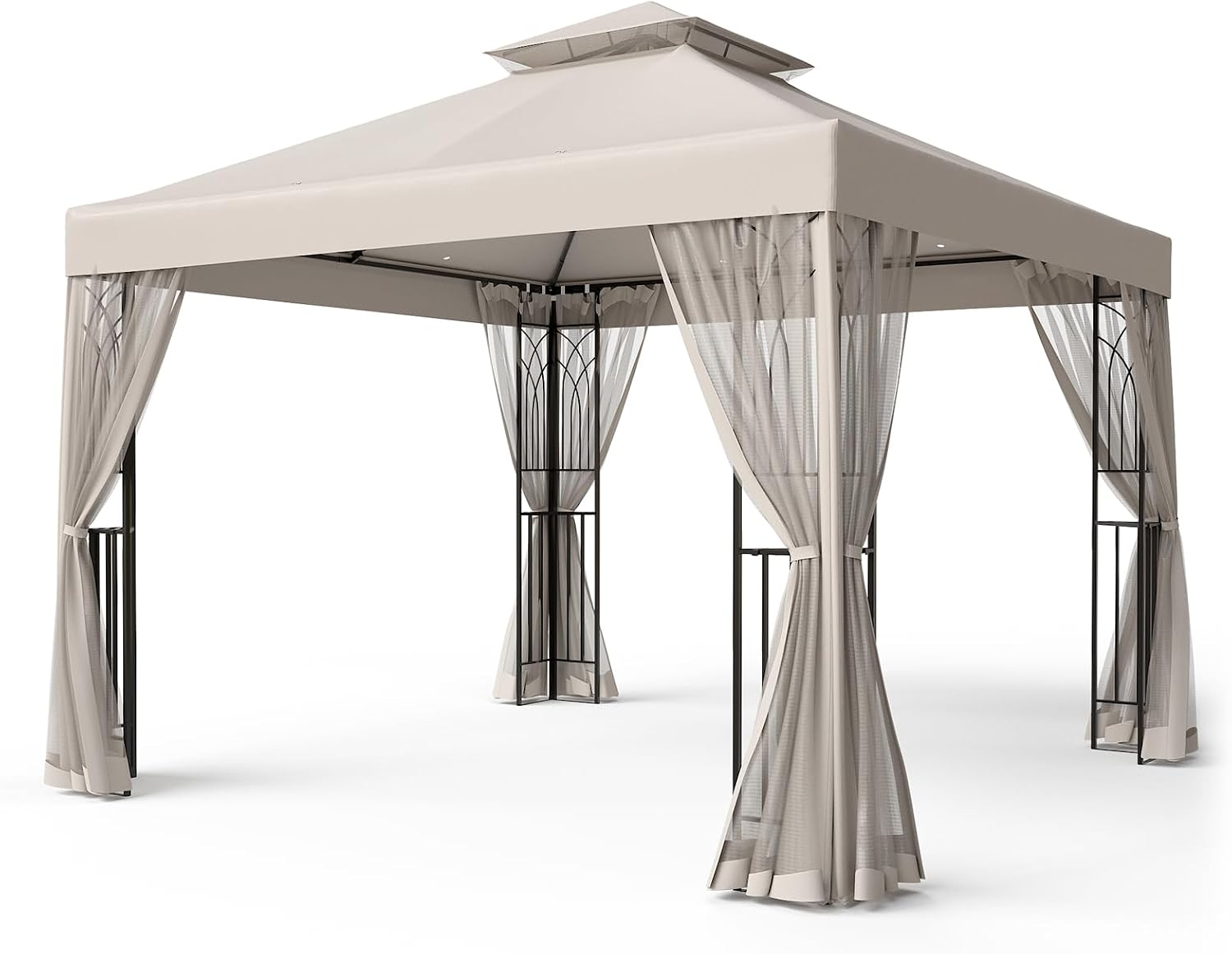 EAGLE PEAK 10x10 Patio Gazebo with Mesh Netting, Double Roof Outdoor Pavilion with Corner Shelves for Lawn, Deck, Garden and Backyard, Beige