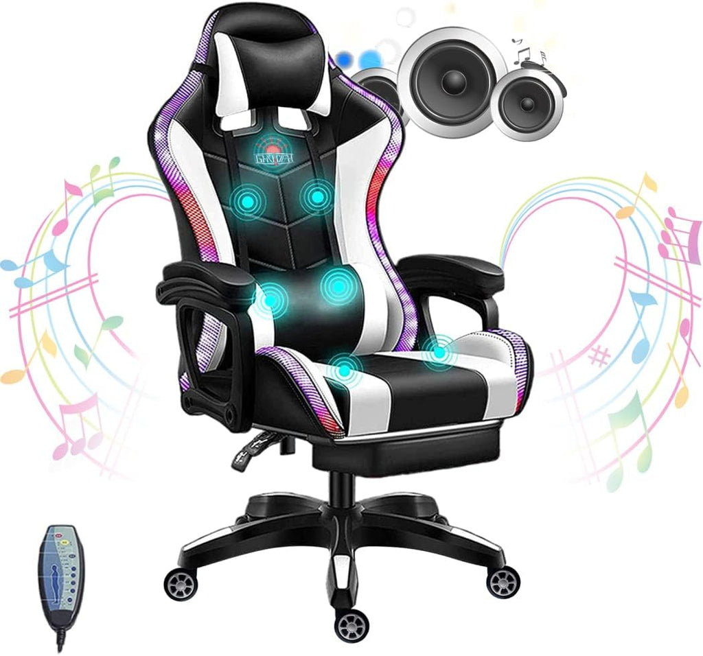 Gaming Chair with Speakers and LED Lights, Massage Computer Chair for Adults, Video Game Chair with Footrest and Lumbar Support, PU Leather Gamer Chair for Adults and Teens,White