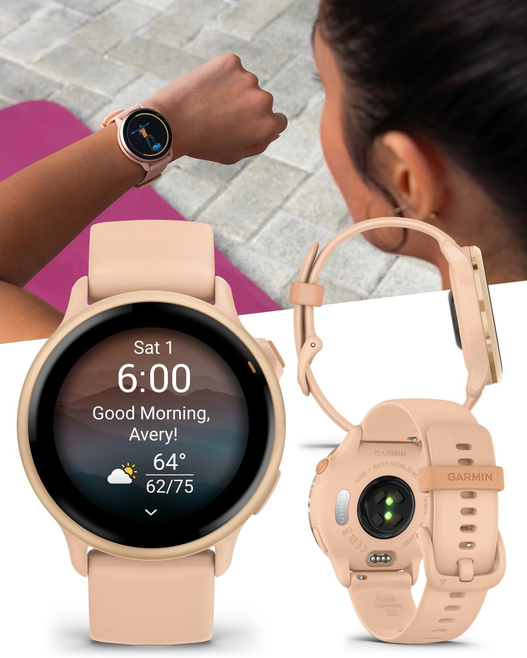 Garmin Vivoactive 6 - Health & Fitness Smartwatch, 1.2 in Bright AMOLED Display, GPS Sports Tracking, Up to 11 Days of Battery, Metallic Pink Dawn & Pink Dawn Band w White Earbuds Bundle