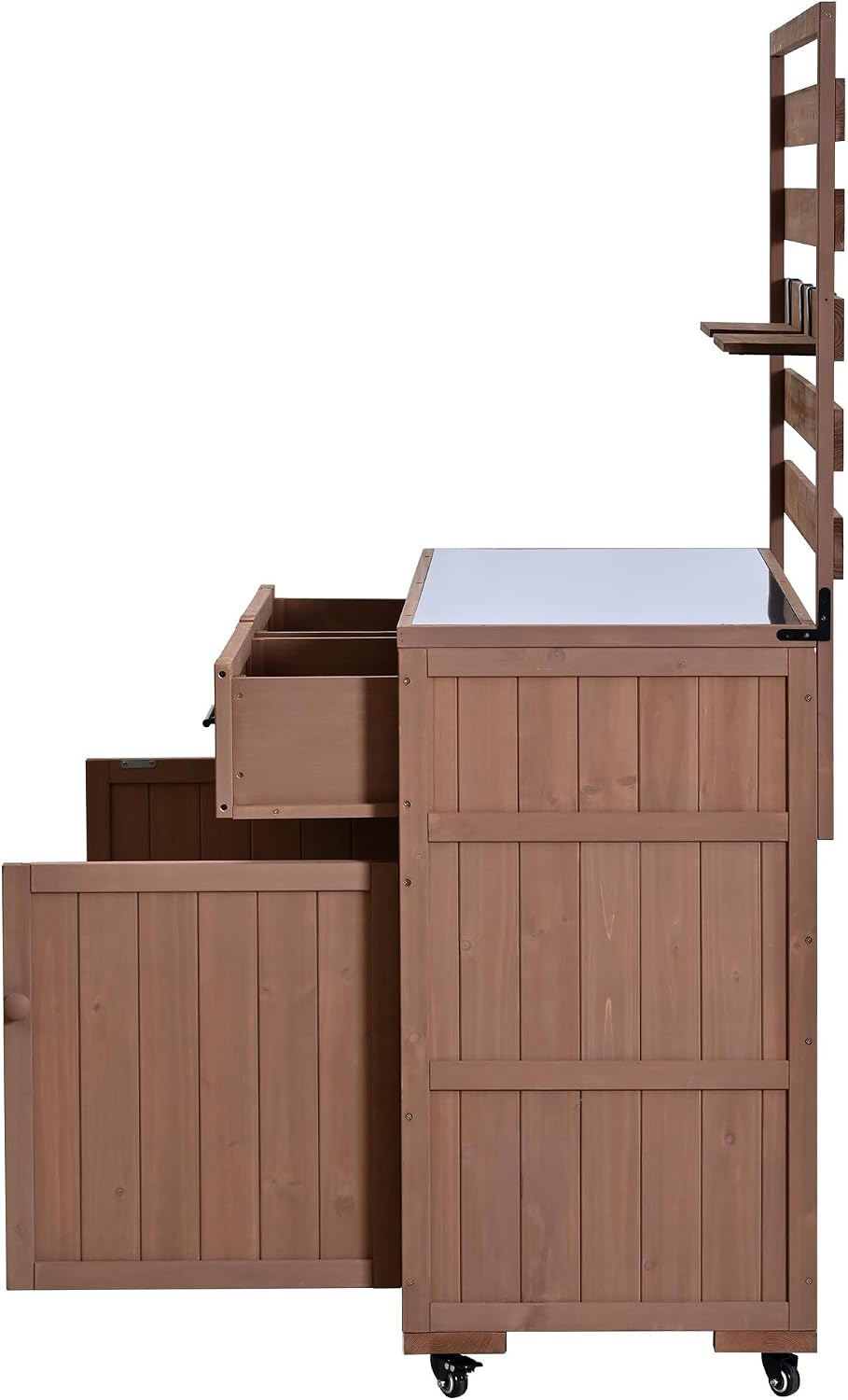 64.9'' H Large Patio Kitchen Island Solid Wood Kitchen Cart, Grill Prep BBQ Table, Garden Potting Bench with Stainless Table Top, 3 Movable Shelves and 2 Drawers (Brown-64.9'')