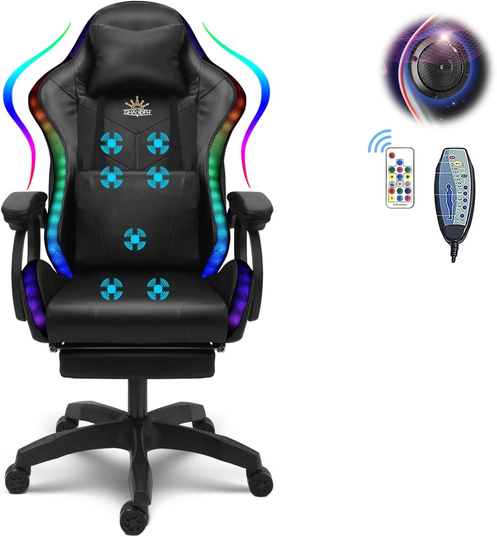 Gaming Chair with Speakers and RGB Lights, Video Game Chairs Ergonomic Pro Office Chair with Full Massage Lumbar Support, 90°-135° Backrest Adjustable Computer Chairs with Footrest,Black