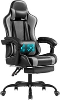 Shahoo Gaming Chair with Footrest and Massage Lumbar Support, Video Racing Seat Height Adjustable with 360°Swivel and Headrest for Office or Bedroom, Grey