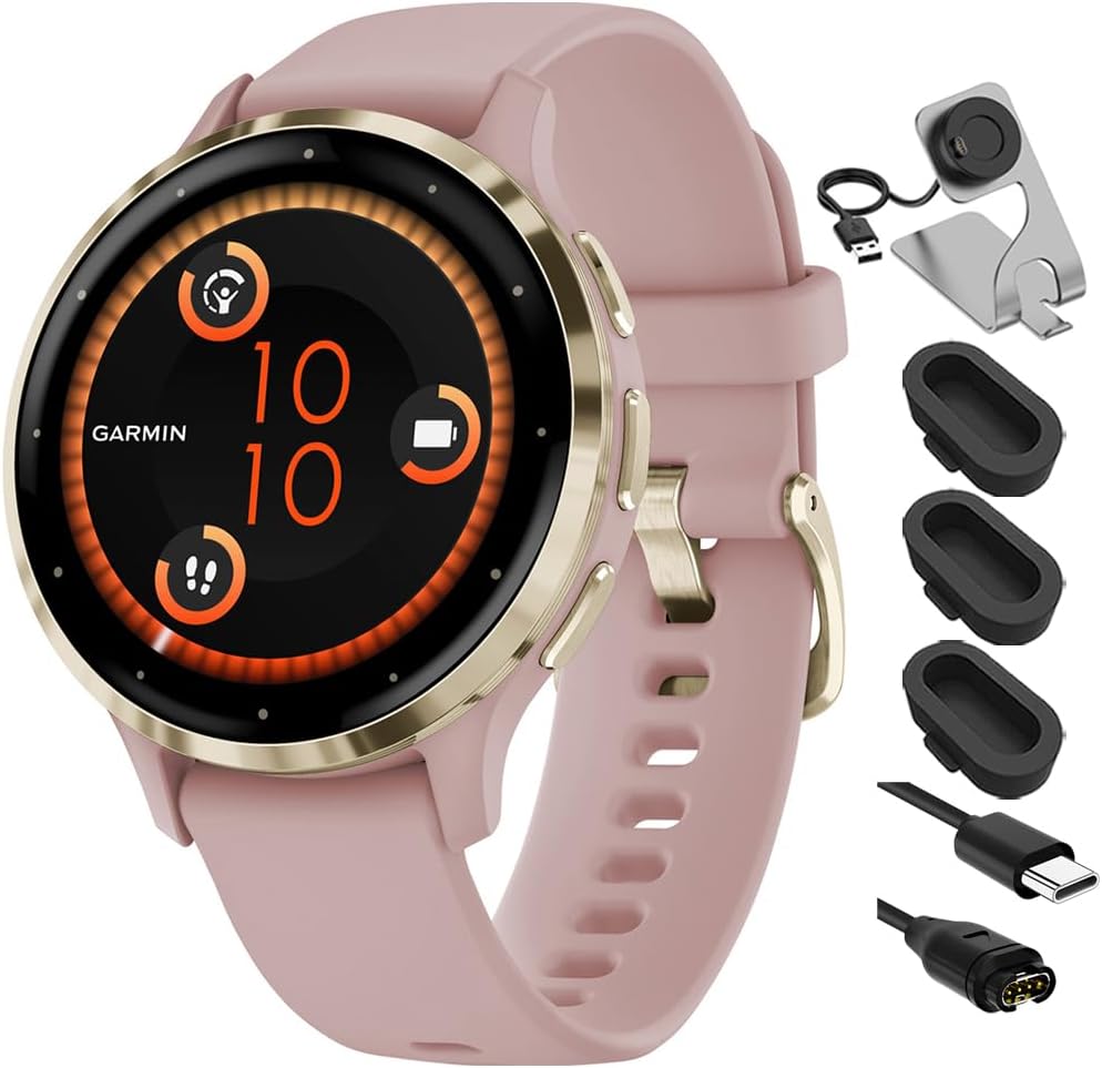 Garmin 010-02785-03 Venu 3S Health Fitness GPS Smartwatch Gold Steel Bezel with Dust Rose Case 41mm Bundle with Charging Dock, Silicone Dust Cover 3 Pack and USB Type C Charging and Sync Cable