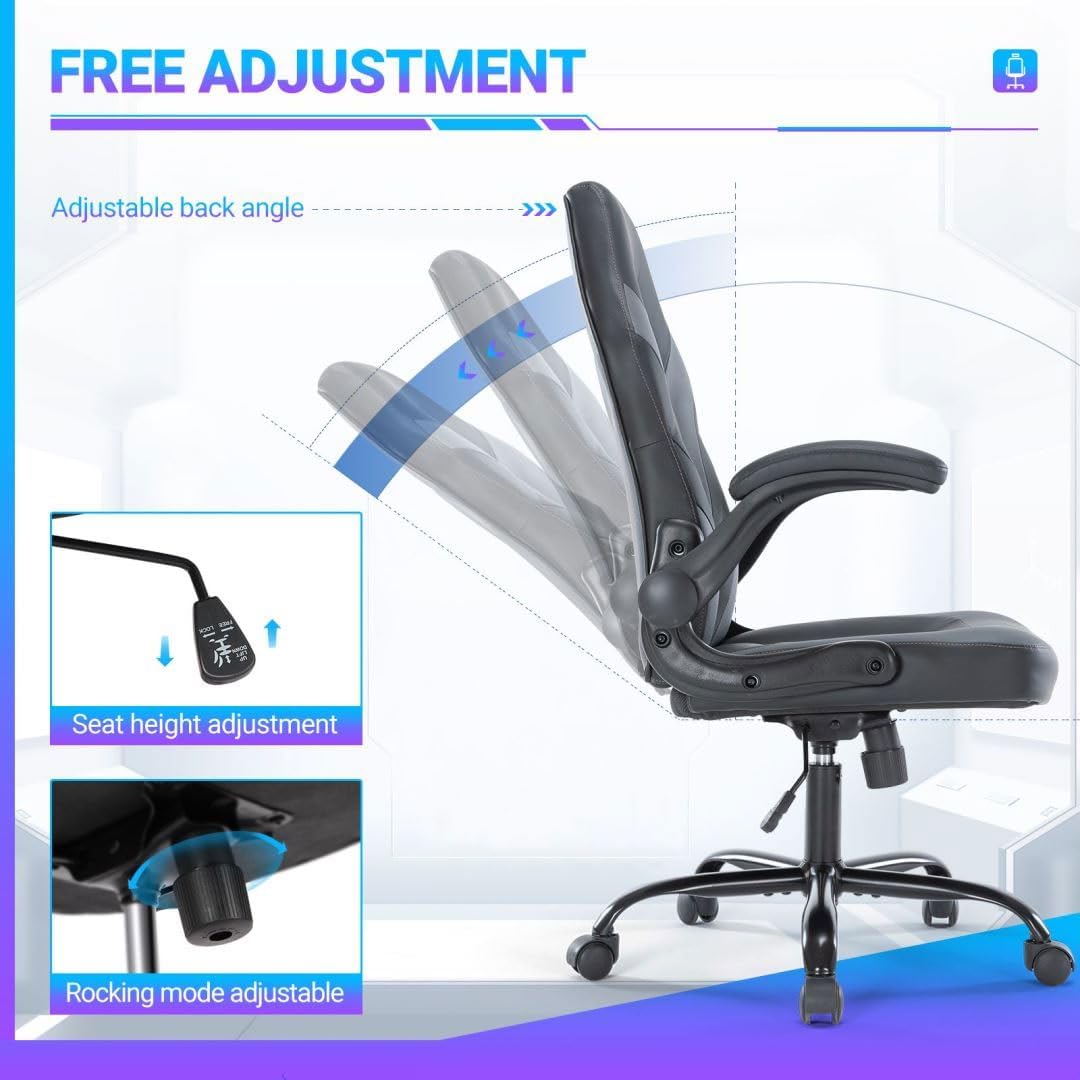 Heavy Duty Gaming Chair Ergonomic Gamer for Home Office with Lumbar Support, Adjustable Backrest, Flip-Up Armrest and Stable 360° Swivel Wheels for Adults, Professional Gamers and Teens, Black-Grey