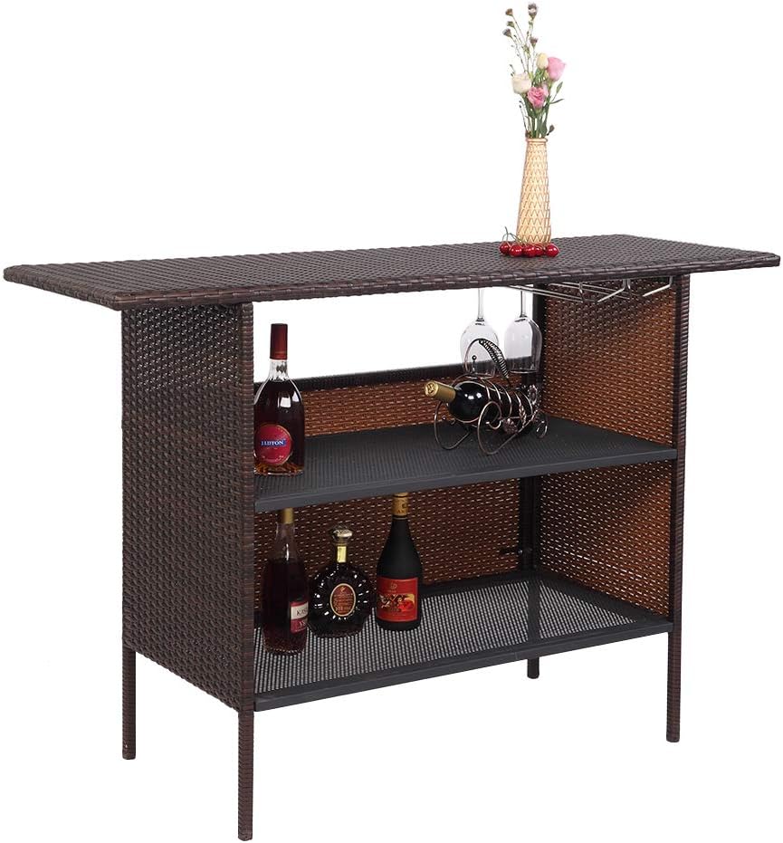 VINGLI Outdoor Storage Cabinet with Wheels, Waterproof Woven Rattan with Double Magnetic Doors, Mobile Multi-Purpose Cabinet for Storage, Buffet Server, Bar Table, Potting Bench (Classic)