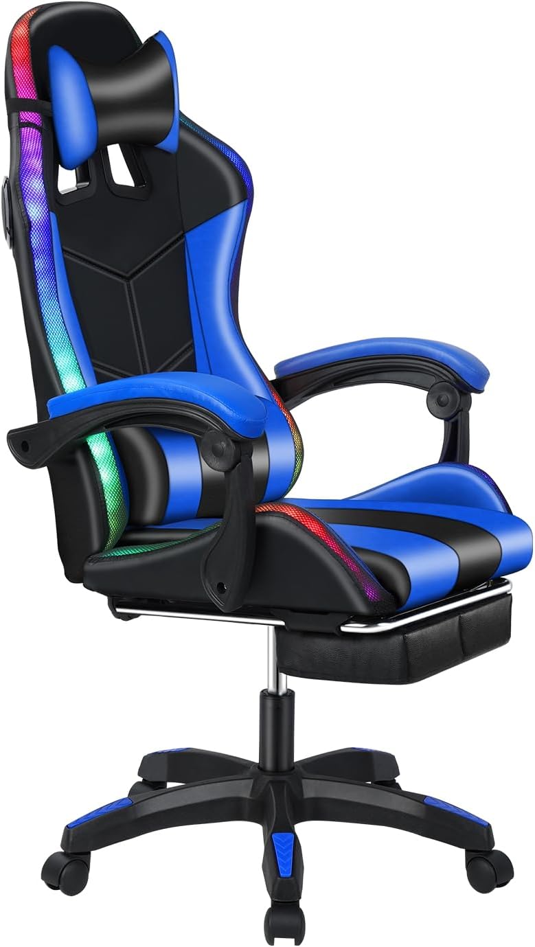 Talent Star Gaming Chair with Bluetooth-Compatible Speakers and RGB LED Lights, Ergonomic Massage Computer Chair with Height Adjustable, Video Game Chair High Back with Lumbar Support Black Blue