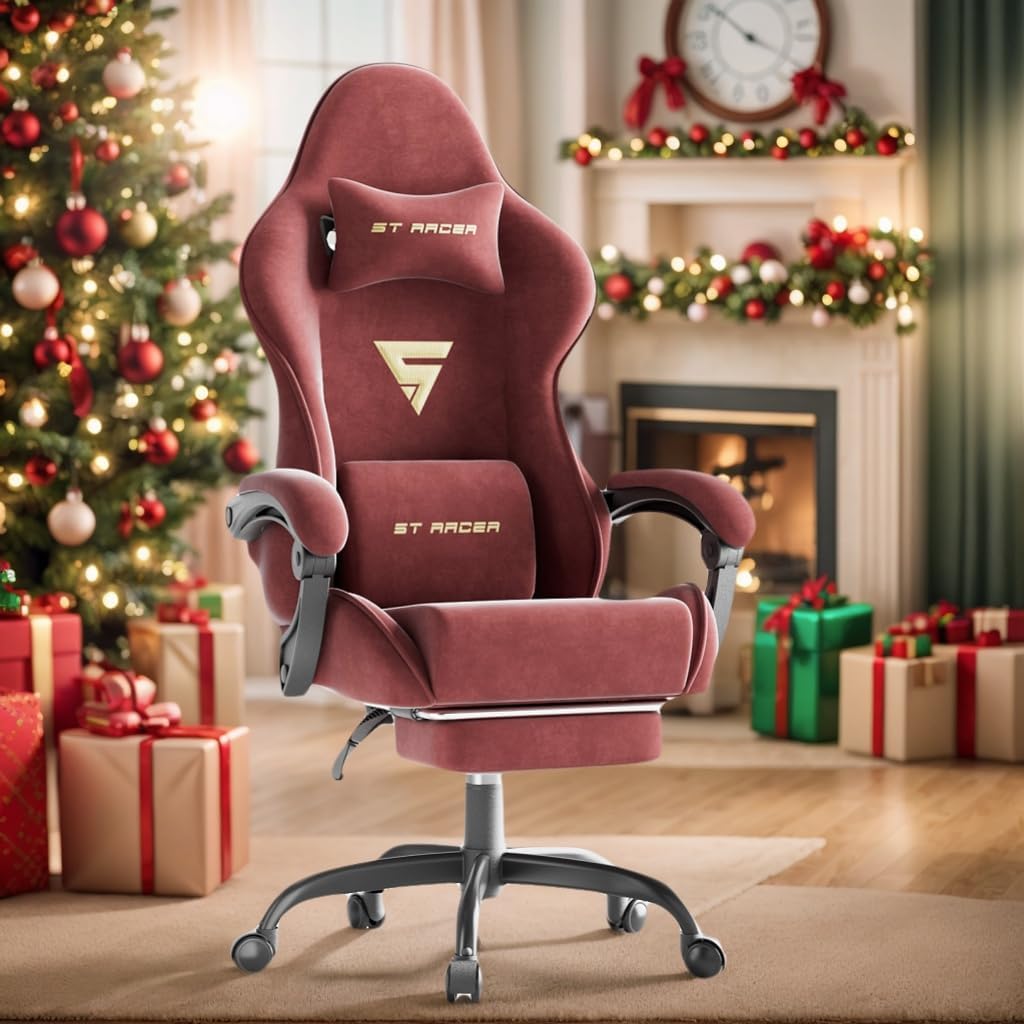 Soontrans Ergonomic Velvet Fabric Gaming Chair with Footrest, Comfortable Video Gamer Chair for Adult, Reclining Ergonomic Office Computer Desk Game Chairs with Massage Lumbar Cushion,Headrest