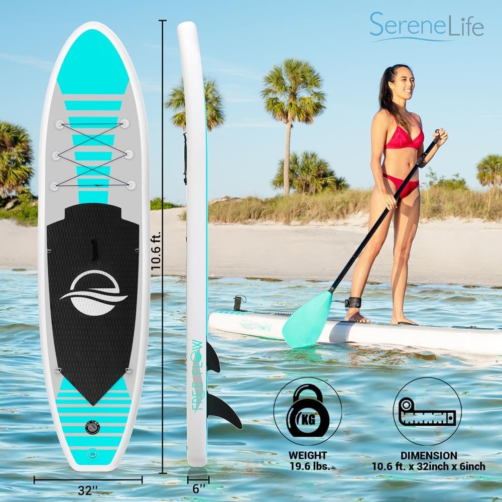 SereneLife 10' Inflatable Stand Up Paddle Board 2-Pack with Premium SUP Accessories – 32' Wide Stable Design with Non-Slip EVA Deck Pad for Youth and Adults, 350 lbs. Capacity Each