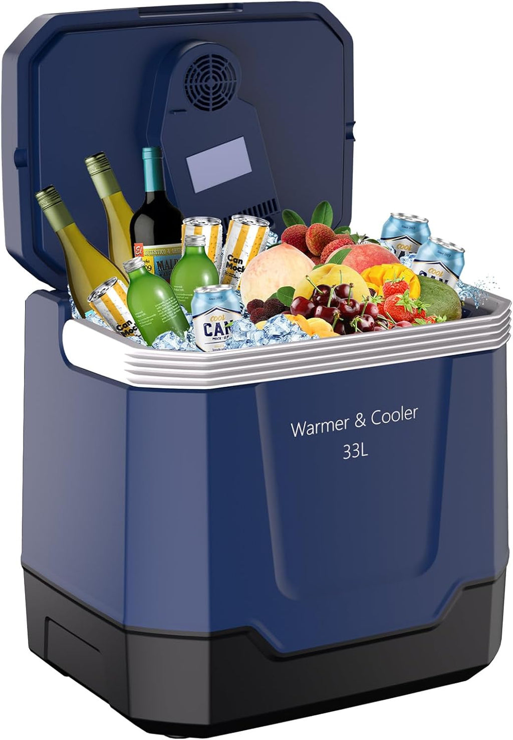 GarveeTech 35 QT (33 L) Electric Cooler & Warmer, Portable Car Refrigerator With Automatic Locking Handle, 12V Car Cooler for Vehicle & Trucks, 110V AC Home Power Cord, Plug In Coolers,Blue