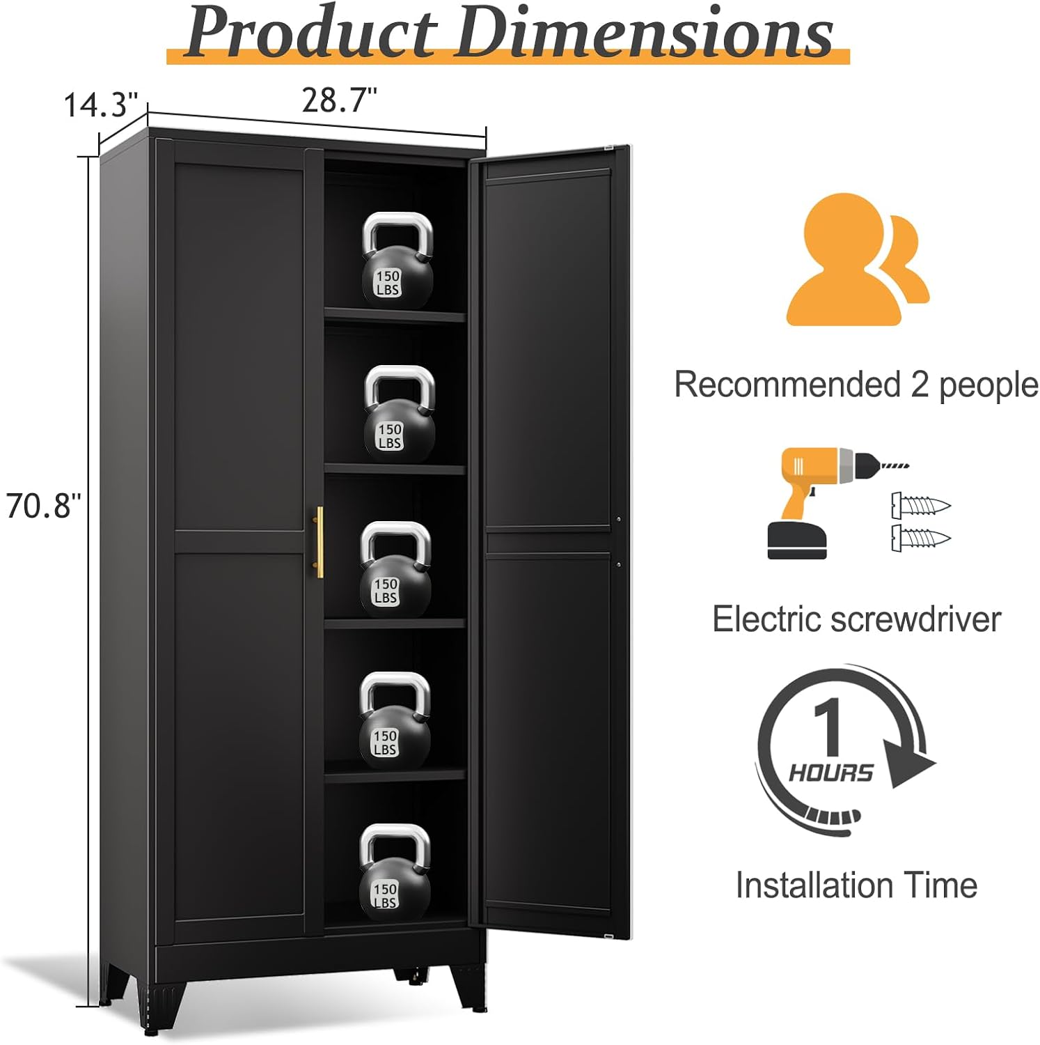 Black Pantry Storage Cabinet,71' Kitchen Pantry with Doors and 4 Adjustable Shelves, Metal Storage Cabinet, for Office, Home, Garage, School