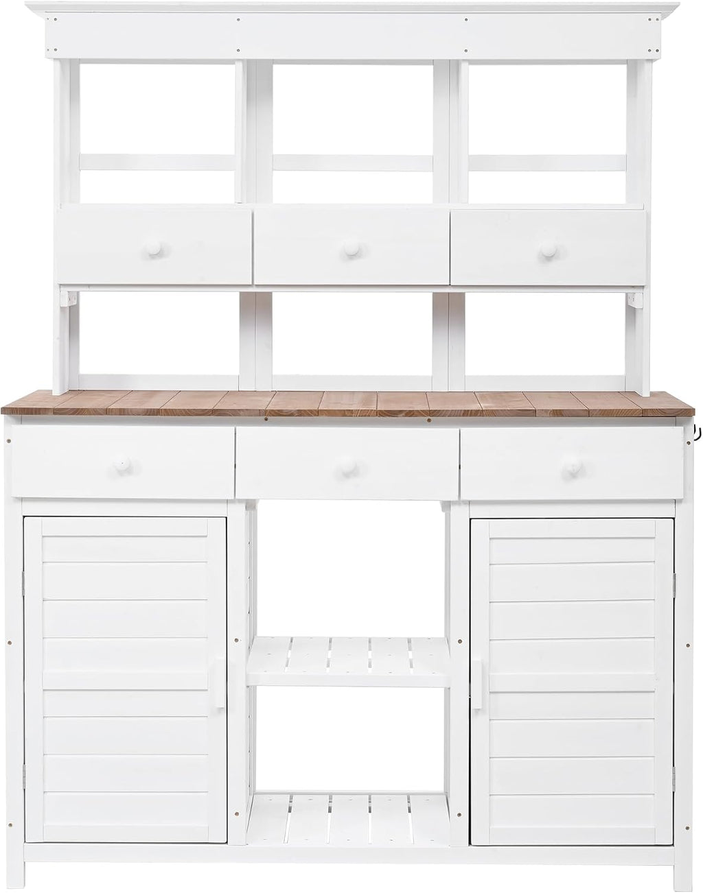 LUMISOL Outdoor Potting Bench Table with Hutch, Solid Fir Wood Patio Storage Workstation with 3 Shelves, 6 Drawers, 2 Bottom Cabinet and Side Hooks for Mudroom, Doorway, White