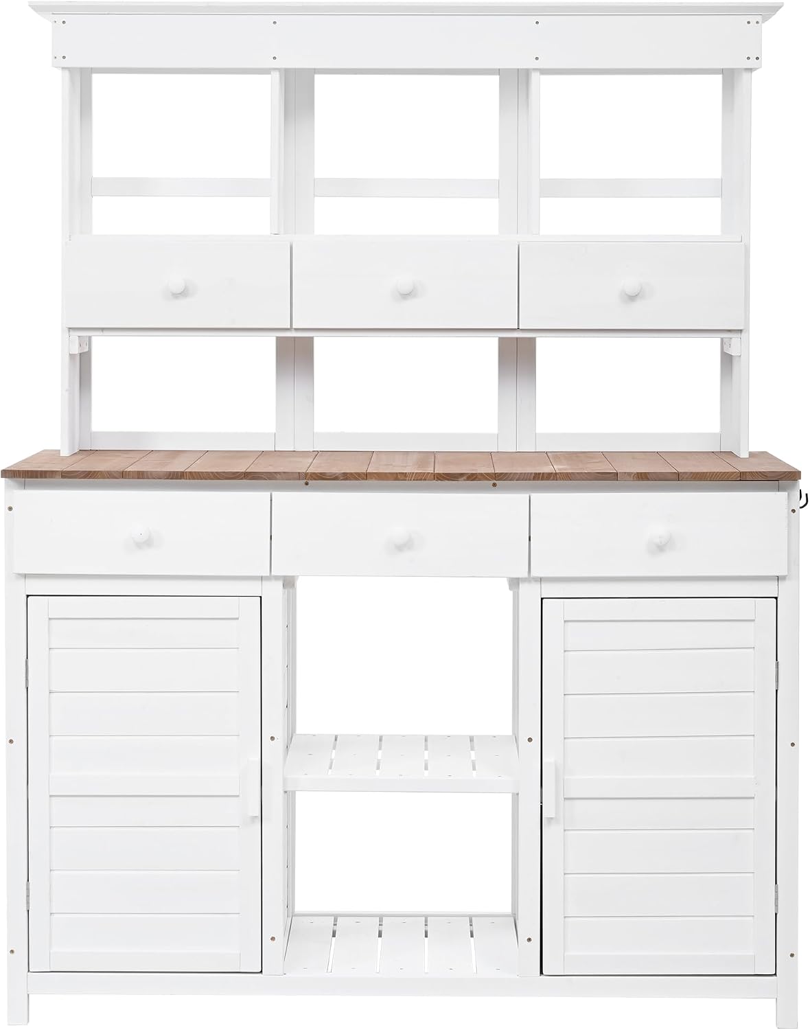 LUMISOL Outdoor Potting Bench Table with Hutch, Solid Fir Wood Patio Storage Workstation with 3 Shelves, 6 Drawers, 2 Bottom Cabinet and Side Hooks for Mudroom, Doorway, White