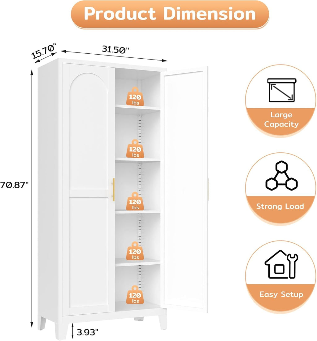 Zevemomo 71' Metal Pantry Cabinet with 4 Adjustable Shelves and 2 Doors, Freestanding Kitchen Storage Cabinet, Tall Steel Cupboard for Kitchen, Pantry, Dining Room, Living Room, Office, White