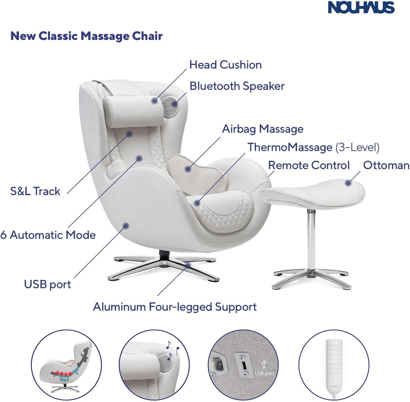 Nouhaus Classic Massage Chair with Ottoman. White Leather Lounge Chair, with Percussive & Shiatsu Chair Massager, Bluetooth Speaker and Recliner. Cozy Bedroom Chair with Spot and Full Body Massager