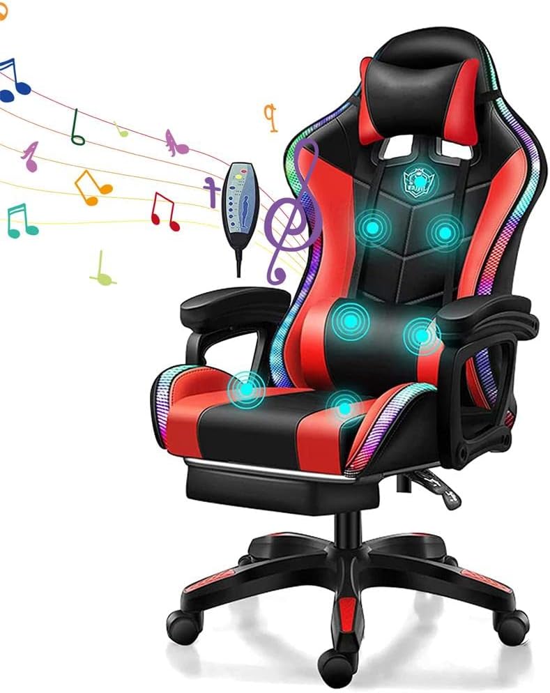Video Gaming Chairs with LED Light, Ergonomic Gaming Chair with Massage Lumbar Support and Bluetooth Speakers, Computer Chair with Retractible Footrest and Backrest Adjustable,Red