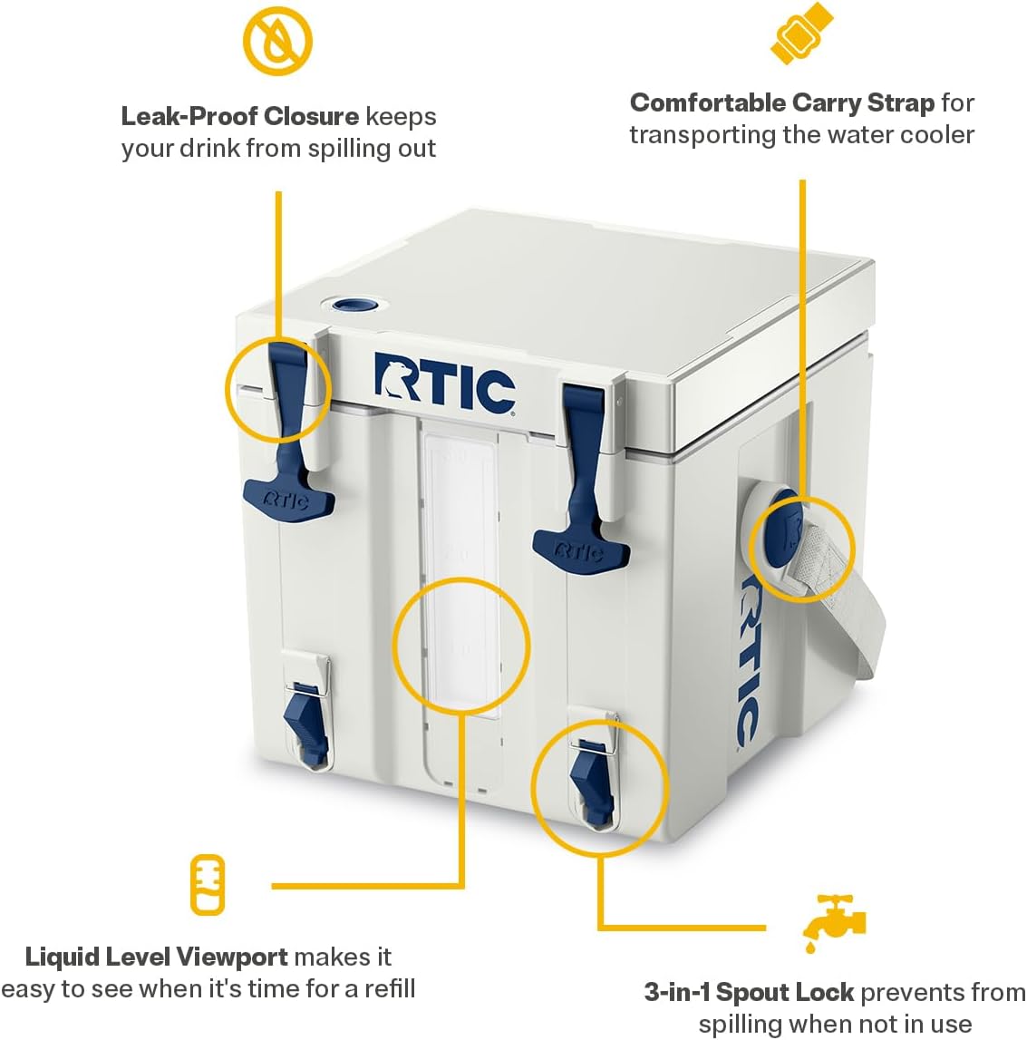 RTIC Halftime Water Cooler 3 Gallon Portable Carrier Container, Drink Beverage Dispenser, Stackable with 2 Taps, Bottleless, BPA-Free, for Sports, Camping, BBQ, Parties, Picnic, Cool Grey & Navy