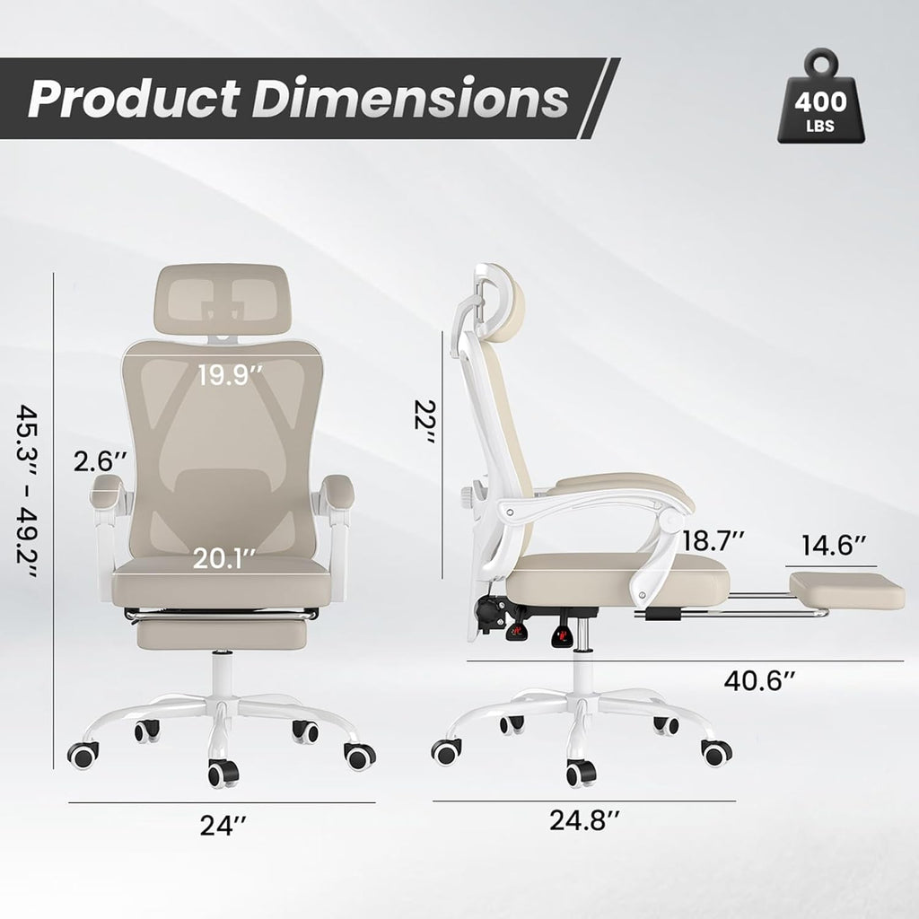 Farini Office Chair with Headrest, Ergonomic Mesh Office Chair with Footrest, High Back Desk Chair with Adjustable Lumber, Swivel Computer Chair for Home Office Study Room, White and Khaki