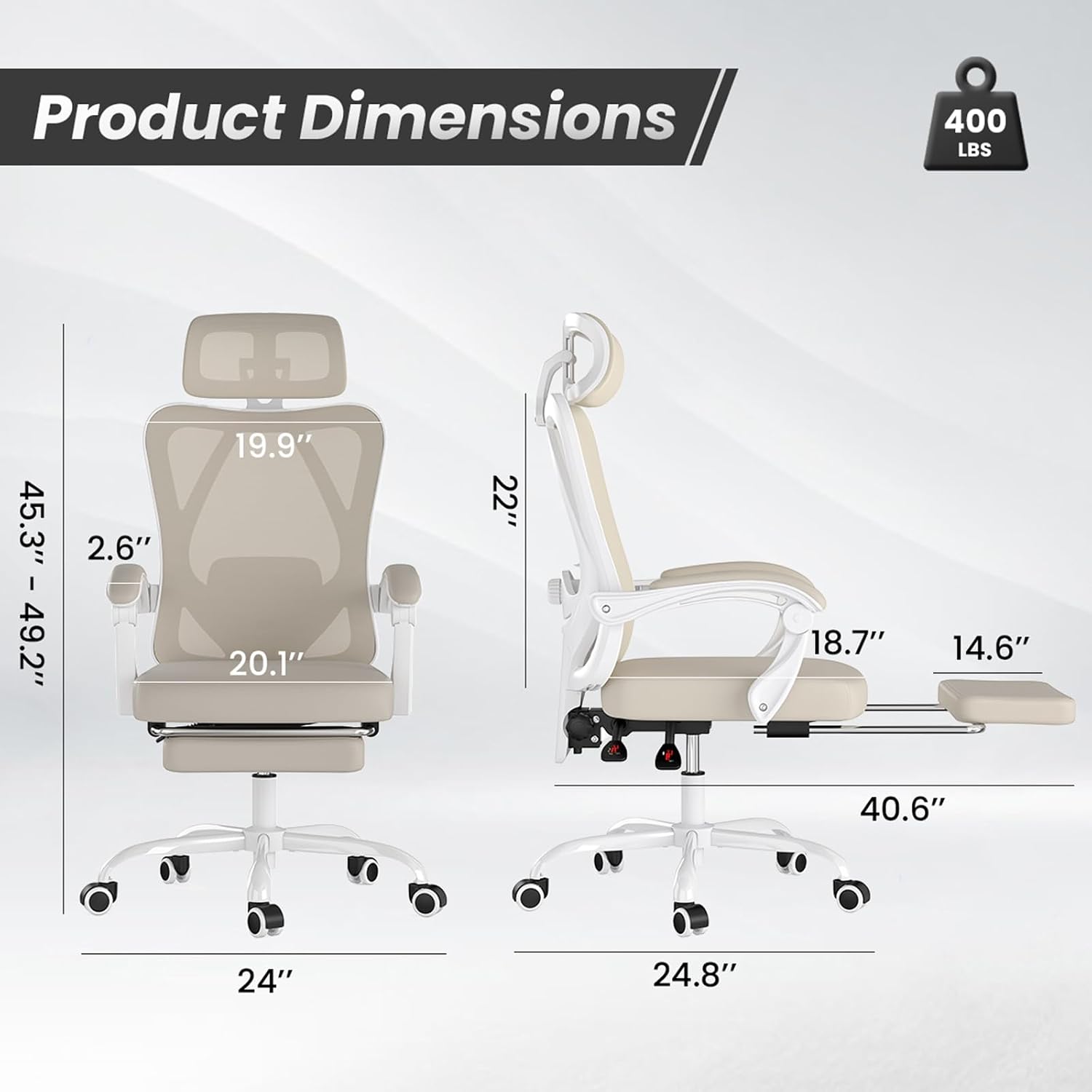 Farini Office Chair with Headrest, Ergonomic Mesh Office Chair with Footrest, High Back Desk Chair with Adjustable Lumber, Swivel Computer Chair for Home Office Study Room, White and Khaki