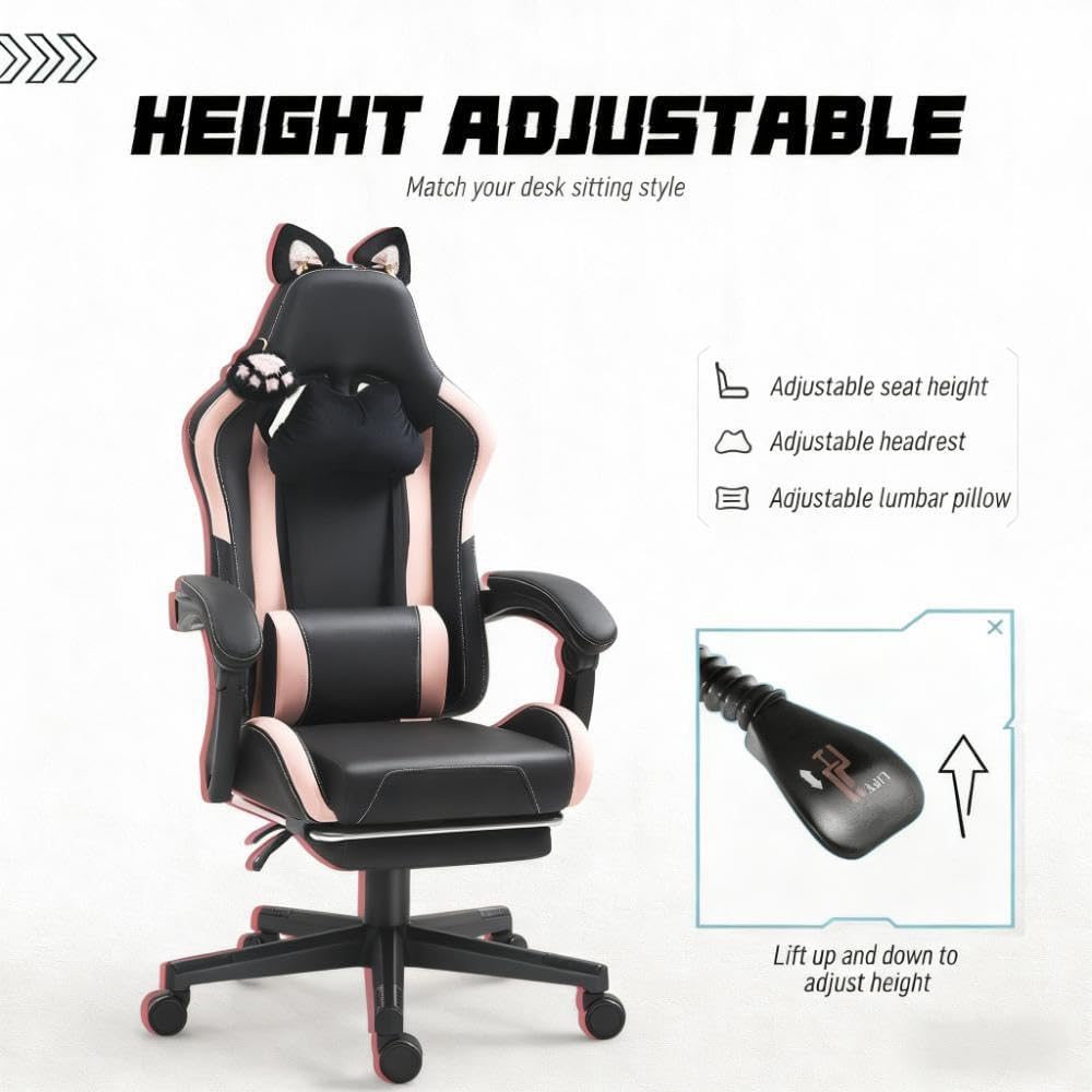 Pink Gaming Chair with Cute Cat Ears Comfy Ergonomic Computer Chair with Footrest and Headrest, Video Game Chairs for Girls, Adult, Teen, Height Adjustable, Lumbar Support (Pink Black)