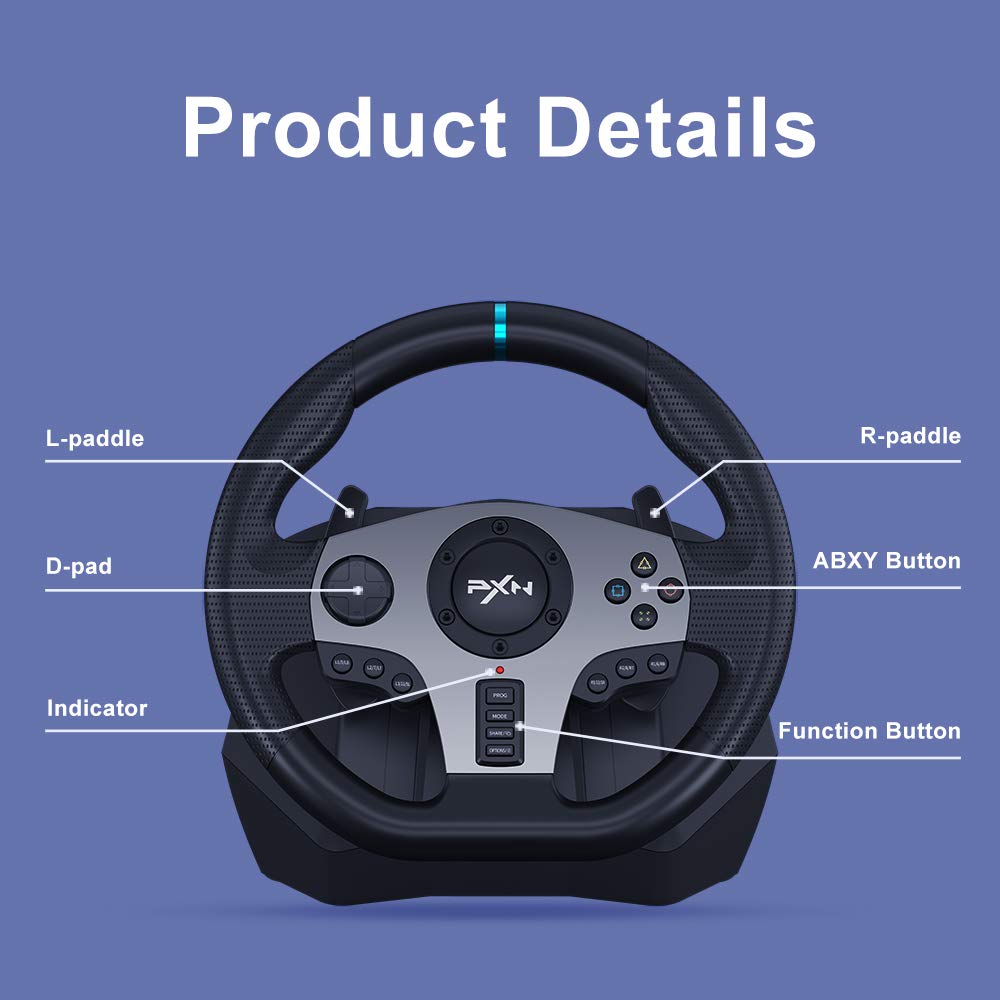 PXN V9 Steering Wheel for PC, PS4, Xbox, Switch - Universal Usb Sim Racing Wheel, APP, 270/900° Adjustable, 3 Pedals & Shifter Full Bundle(Black)