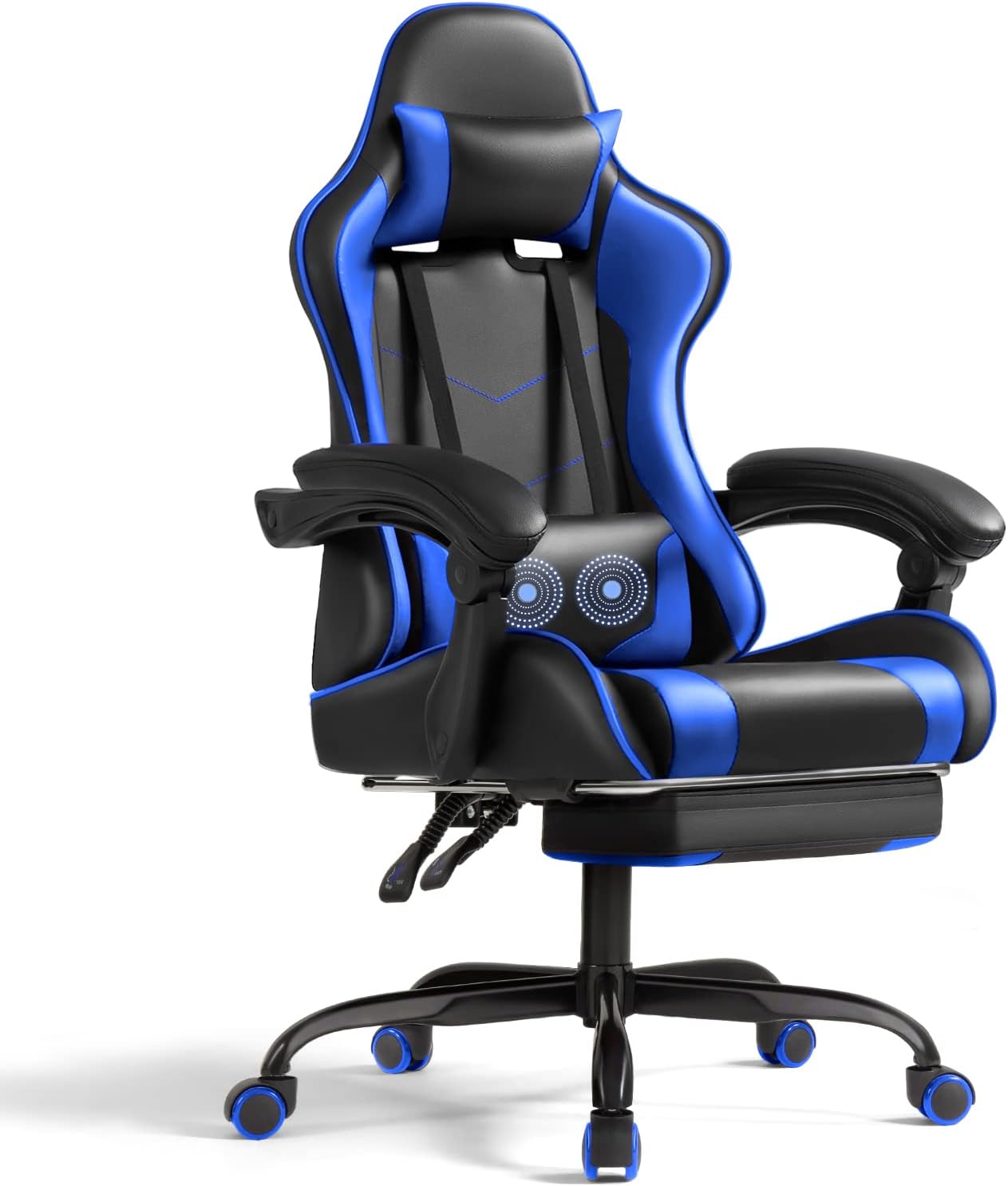 Shahoo Gaming Chair with Footrest and Massage Lumbar Support, Video Game Chairs Height Adjustable Seat with Headrest for Office or Bedroom, Study Room, Dark Blue