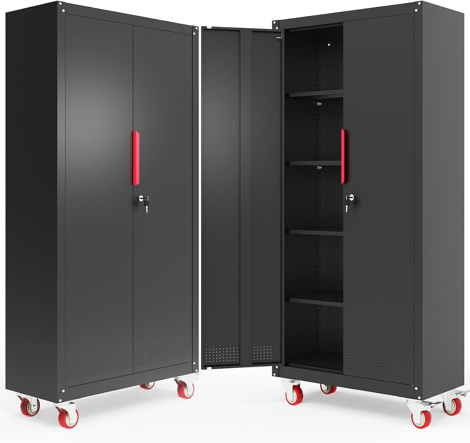 Metal Storage Cabinet with Wheels,71' Garage Cabinets with 4 Adjustable Shelves and Lockable Doors,Black Locking Cabinet Suitable for Garages,Home,Office