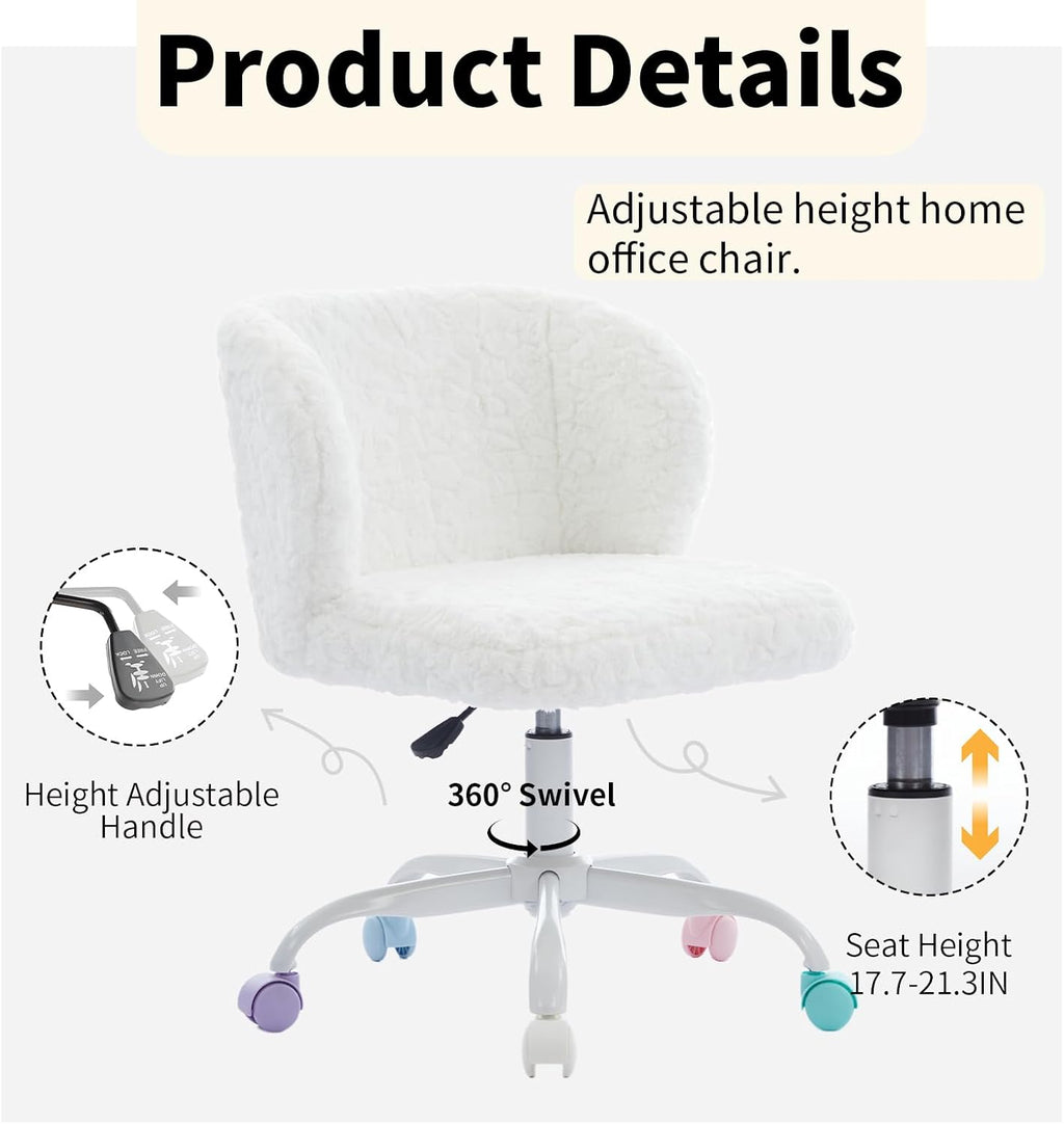 White Faux Fur Vanity Chair, Adjustable Swivel Home Office Chair with Colorful Wheels and Metal Base, Cute Makeup Chair for Women, Teens & Girls(White)