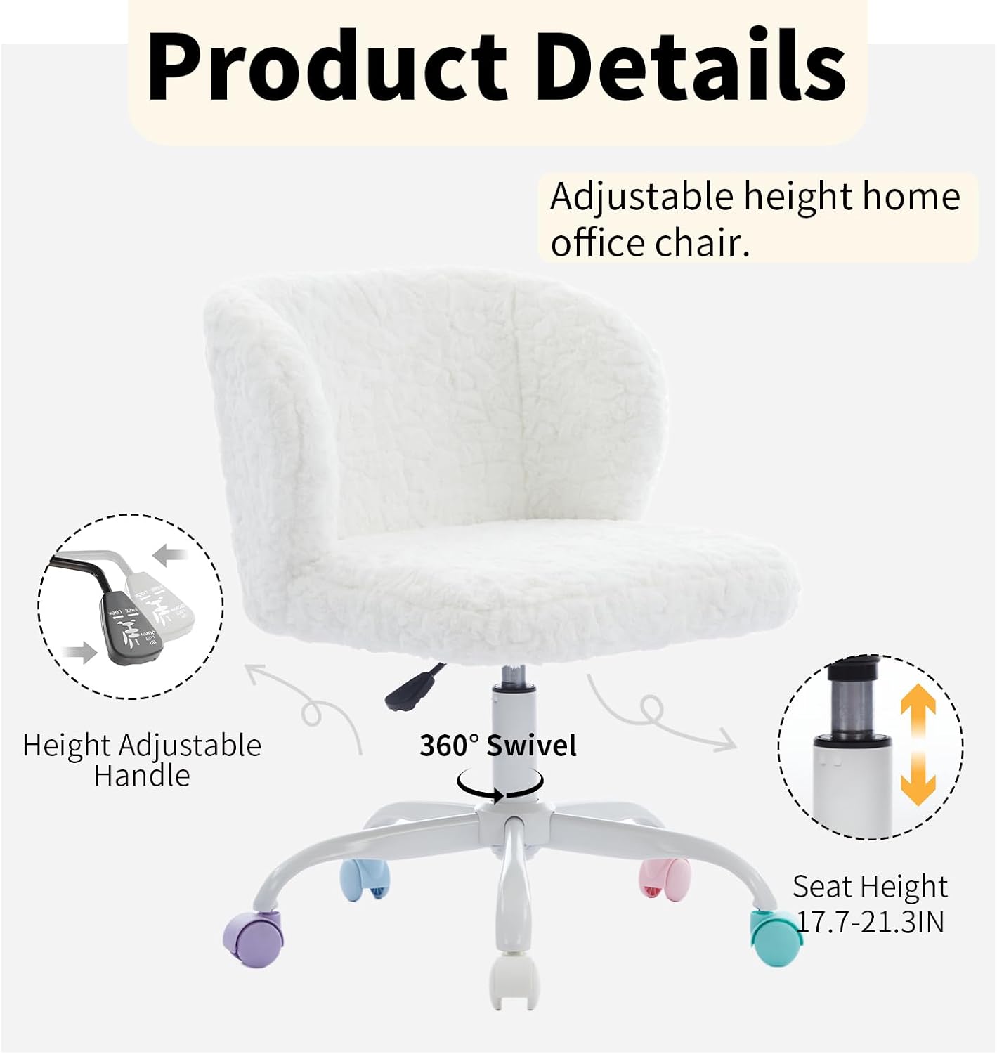 White Faux Fur Vanity Chair, Adjustable Swivel Home Office Chair with Colorful Wheels and Metal Base, Cute Makeup Chair for Women, Teens & Girls(White)