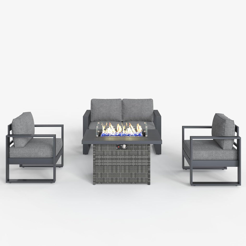 LayinSun 4 Pieces Aluminum Outdoor Patio Furniture Set, Metal Modern Conversation Sofa Set with Fire Pit Table and Washable Thick Cushions for Porch, Backyard, Deck