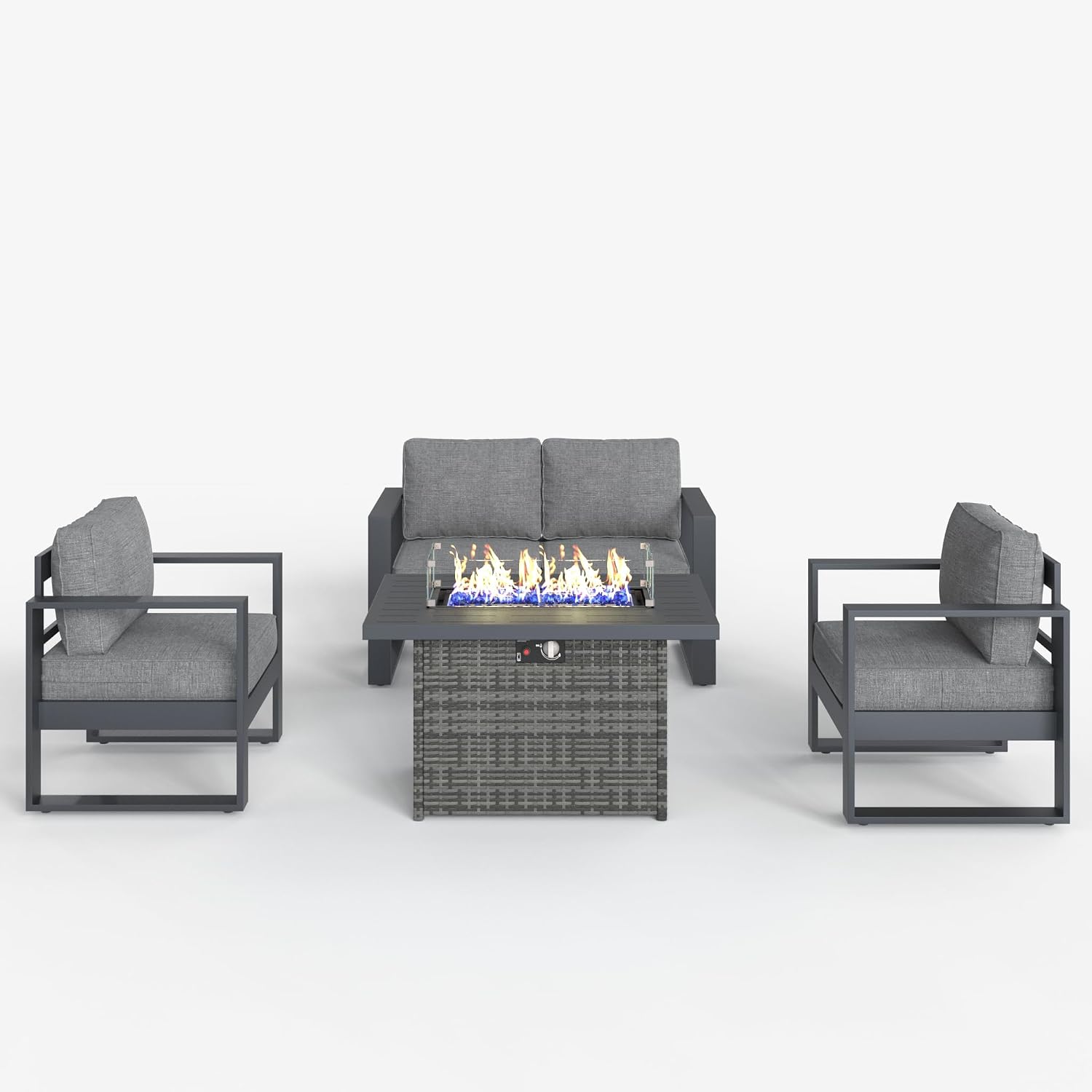 LayinSun 4 Pieces Aluminum Outdoor Patio Furniture Set, Metal Modern Conversation Sofa Set with Fire Pit Table and Washable Thick Cushions for Porch, Backyard, Deck