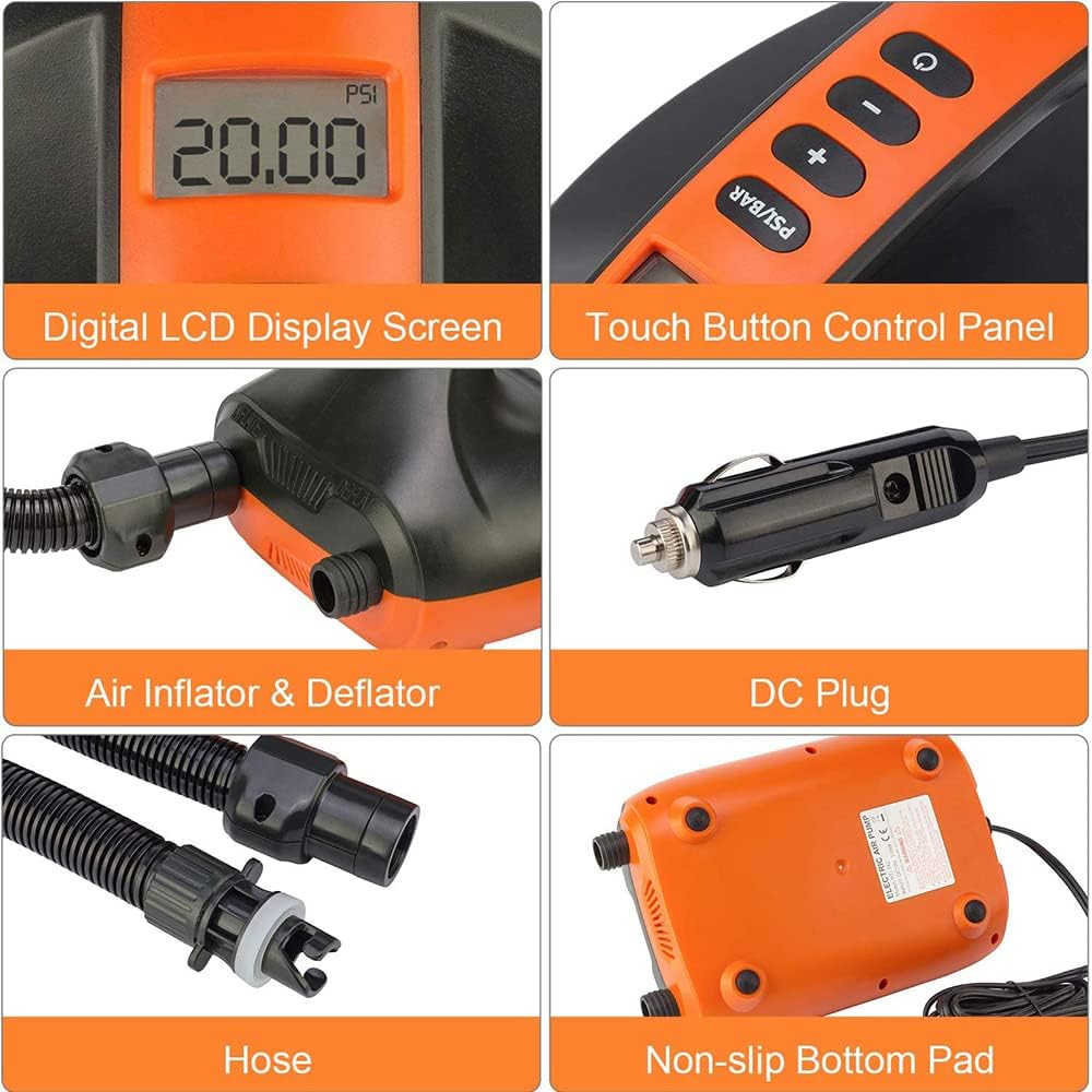 20Psi SUP Electric Air Pump with Inflation & Deflation Ports 12V DC, for Inflatable Stand Up Paddle Boards, Boats, Tents, Air Beds, Kayaks