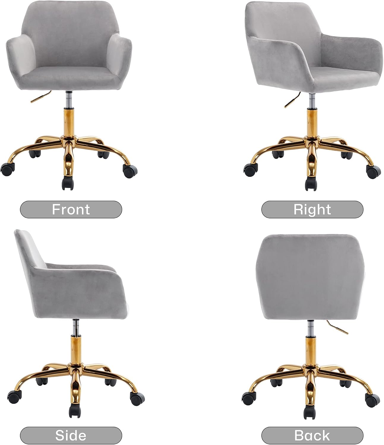 KCC Velvet Office Desk Chair, Comfy Swivel Modern Leisure Armchair with Wheels, Upholstered Comfy Velvet Fabric Makeup Chair Height Adjustable for Teens Women Girls Elegant Home Office, Gray