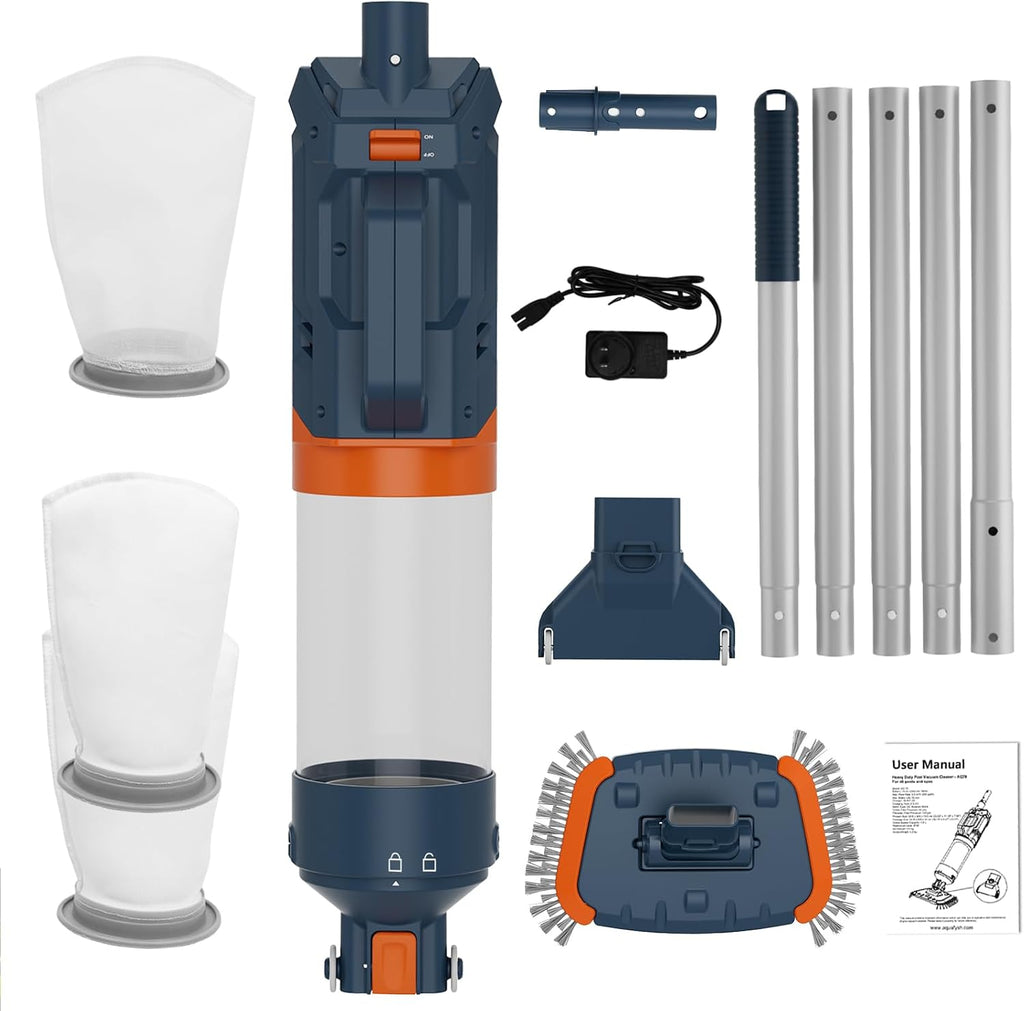 Cordless Pool Vacuum-25 Micron Fluff Ultra Fine Filter, True Powerful Suction 18.9GPM,1H Runtime, Handheld Rechargeable Hot Tub Cleaner with Poles for Above Ground&Inground Pool